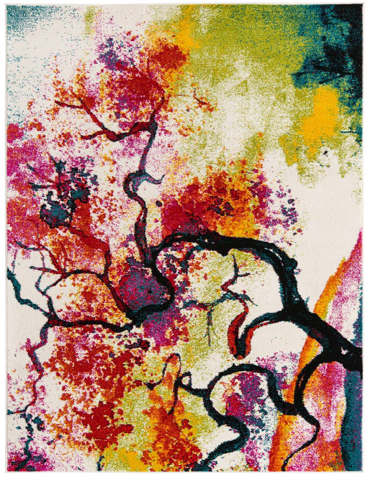 A 5x8 rectangular ivory rug with a vibrant, abstract botanical pattern featuring black branches and splashes of red, pink, yellow, and green.