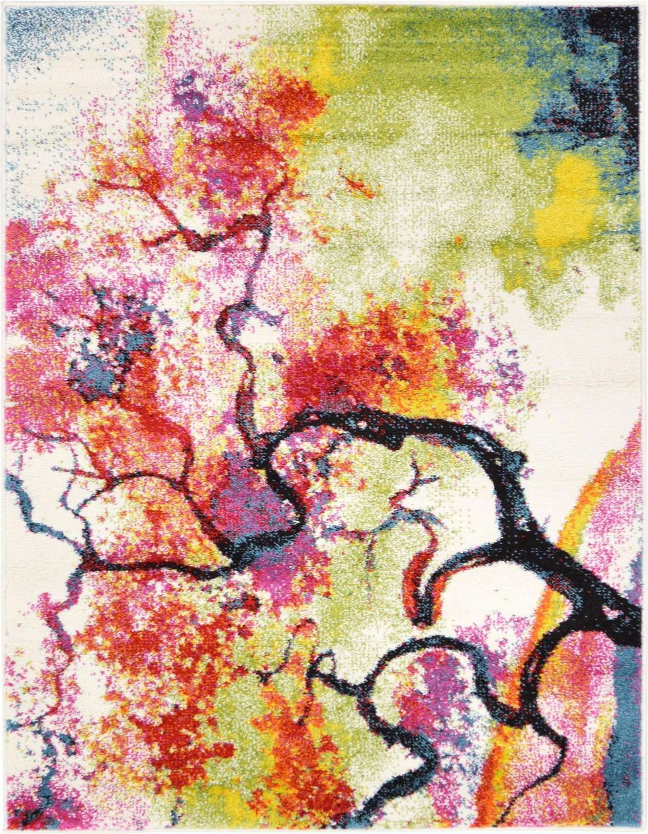 A 3x5 rectangular ivory rug with a vibrant contemporary botanical pattern featuring abstract tree branches in red, pink, yellow, green, and blue.