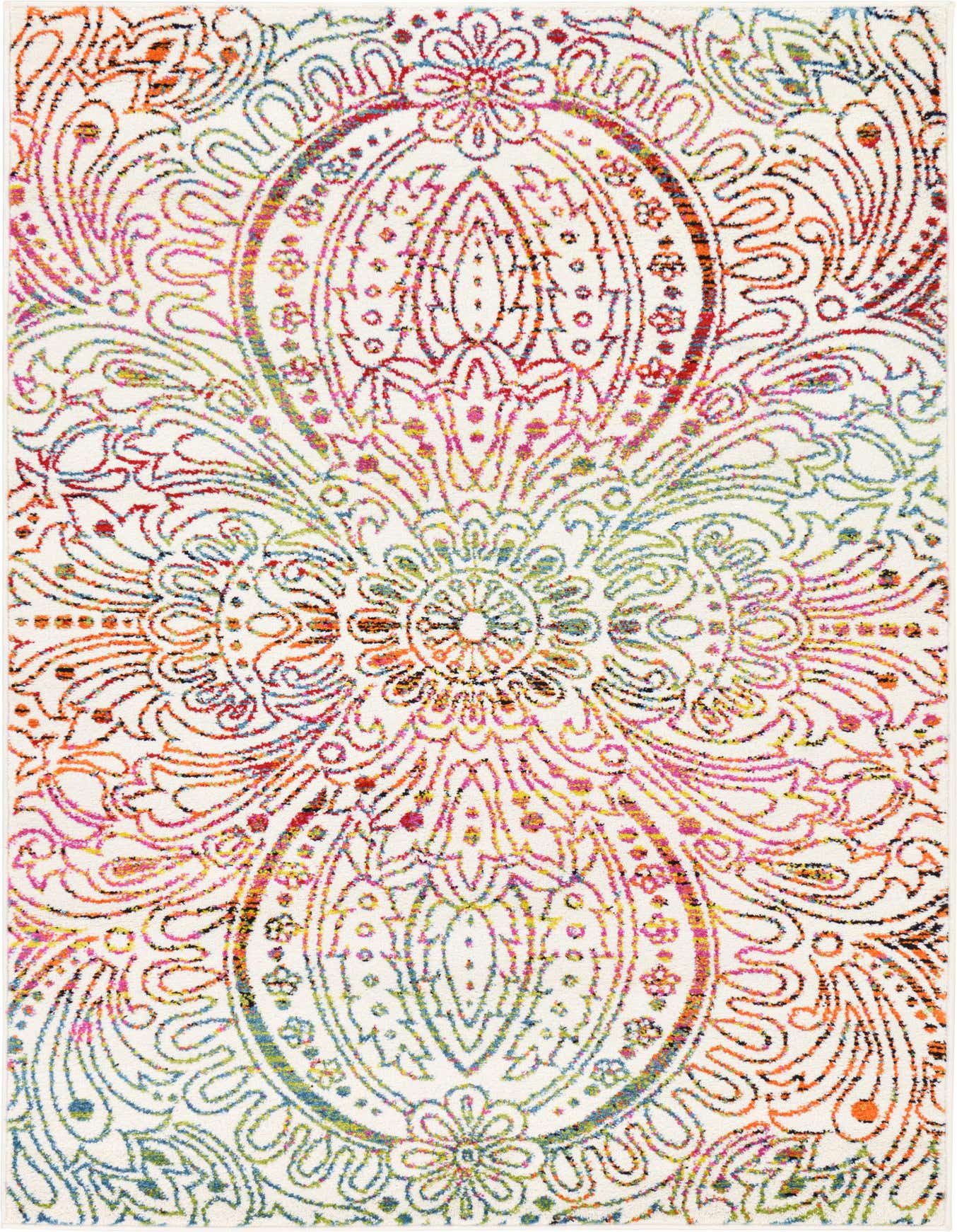 A 4x6 rectangular ivory rug with a vibrant, multicolor bohemian medallion and botanical pattern, featuring shades of red, blue, green, and orange.