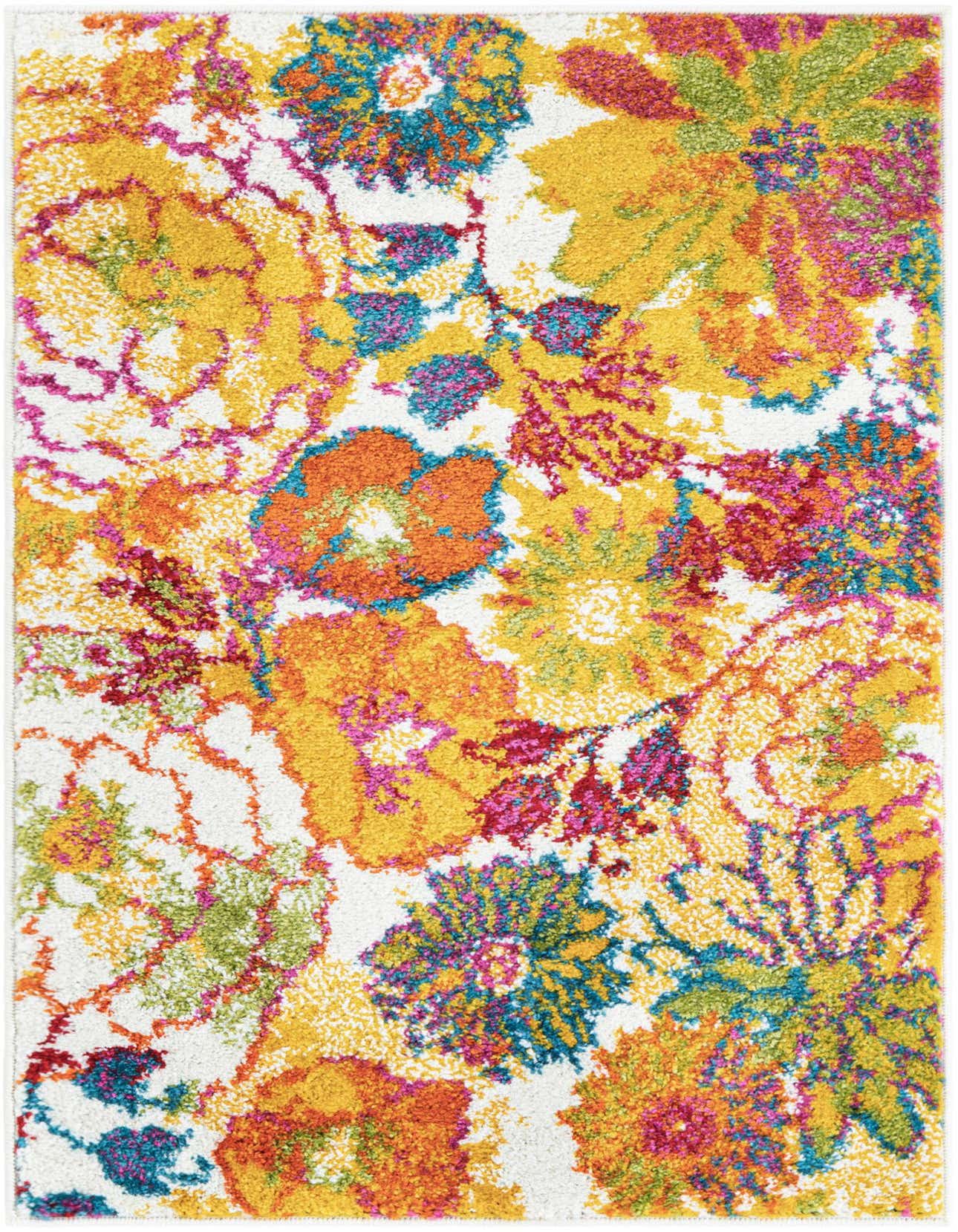 A vibrant 2x3 rectangular ivory rug with a modern floral pattern in yellow, orange, pink, and blue, featuring a medium pile.