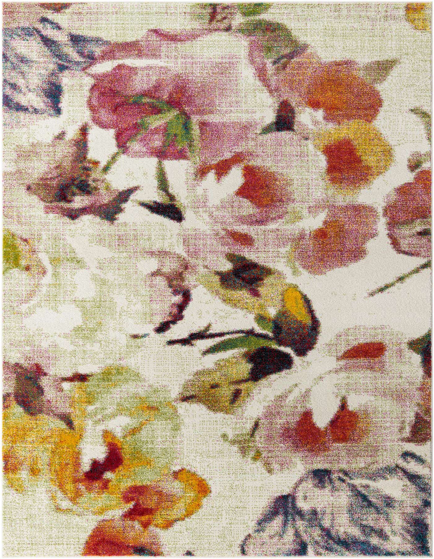 A 7x10 rectangular ivory modern floral rug with a vibrant pattern of red, orange, yellow, and green blossoms.