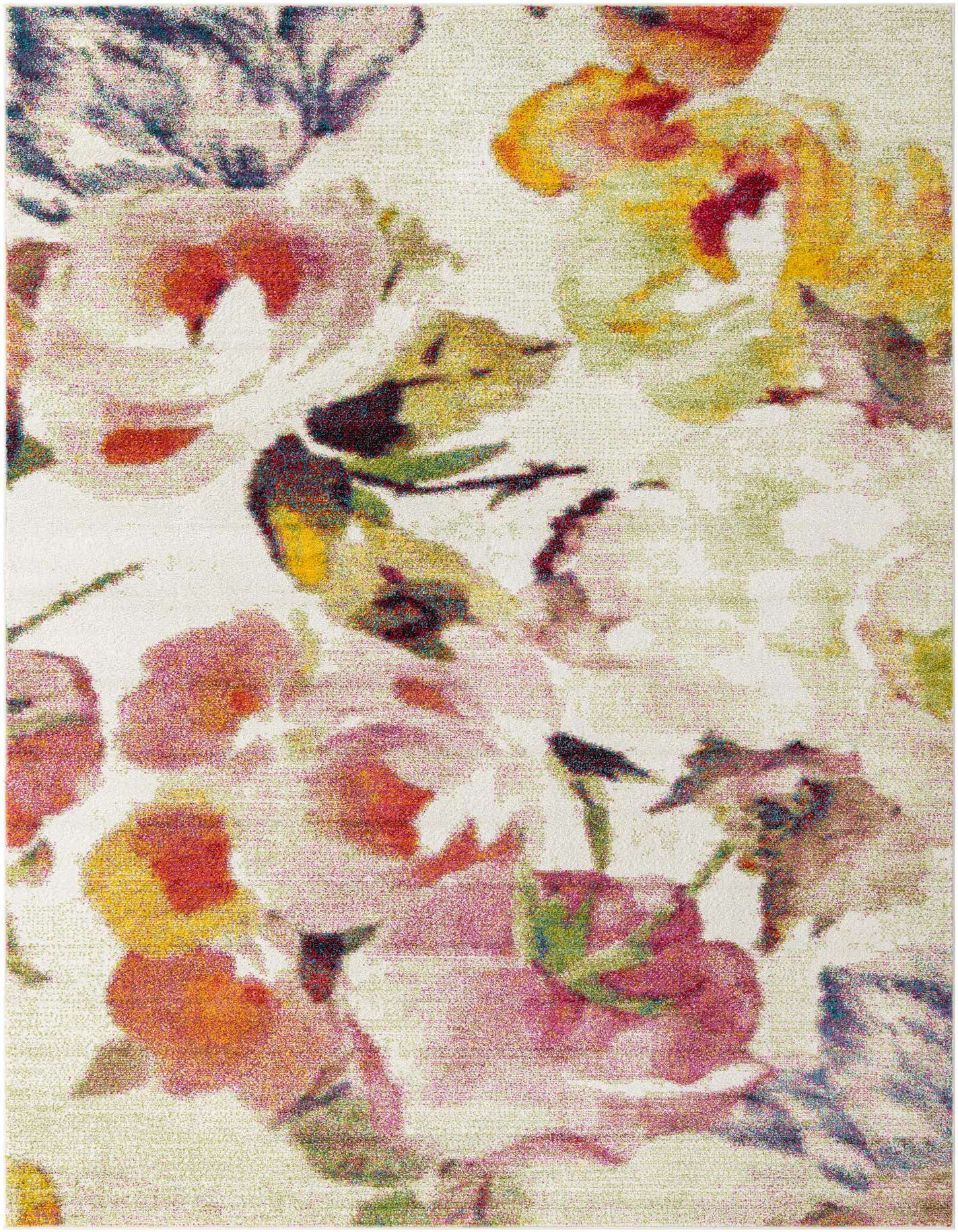 An 8x11 rectangular ivory modern floral rug with large pink, orange, yellow, and green blooms.