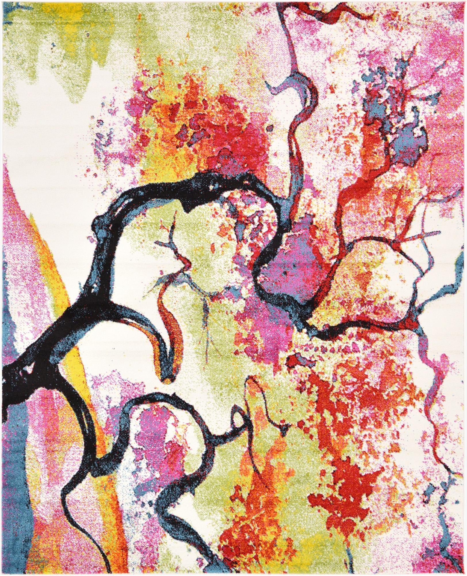 An 8x10 rectangular ivory contemporary rug with a vibrant, abstract botanical pattern in red, orange, pink, green, and blue.