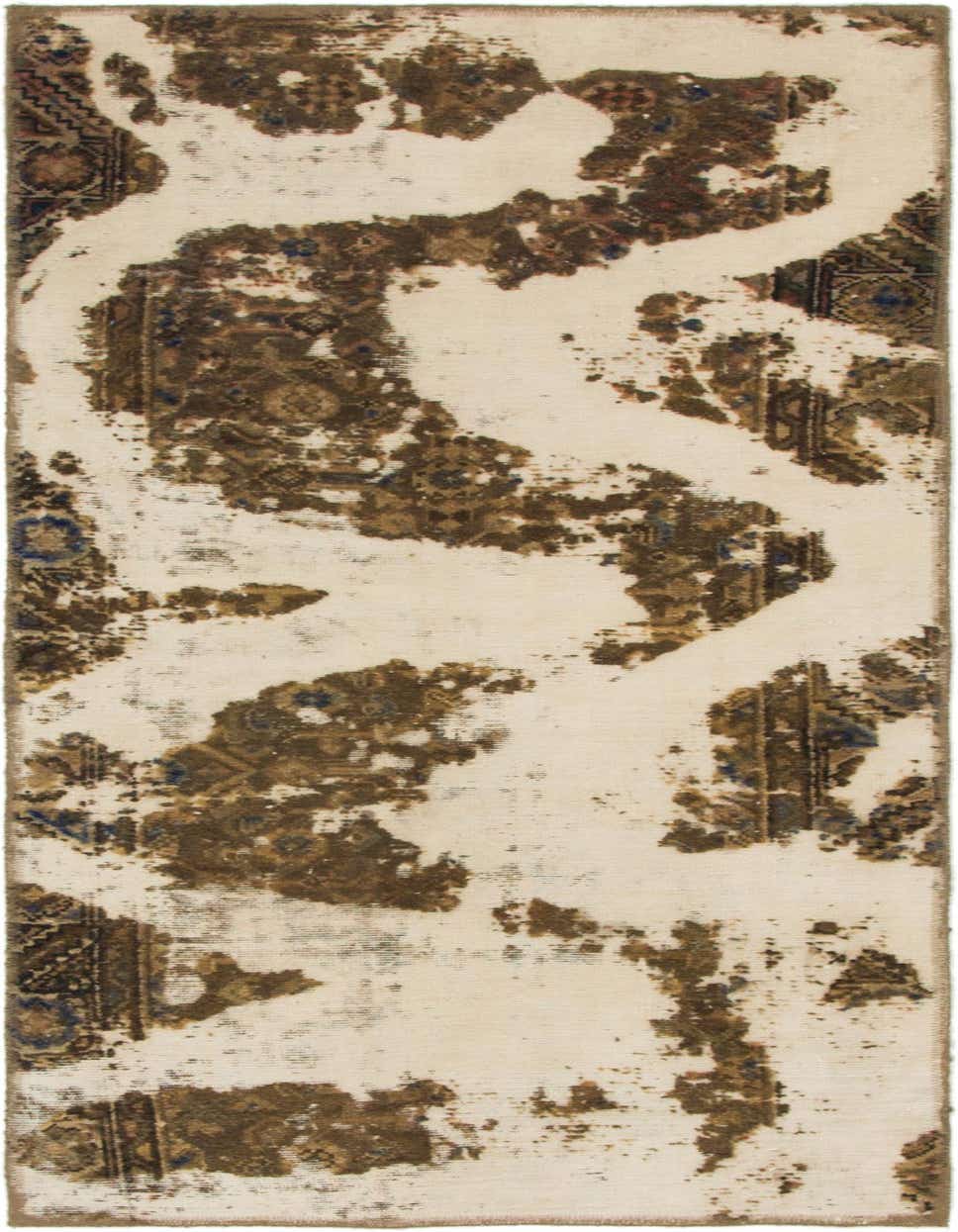 A 4x6 rectangular ivory and brown Persian-style rug with a distressed, abstract pattern, suitable for a living room.