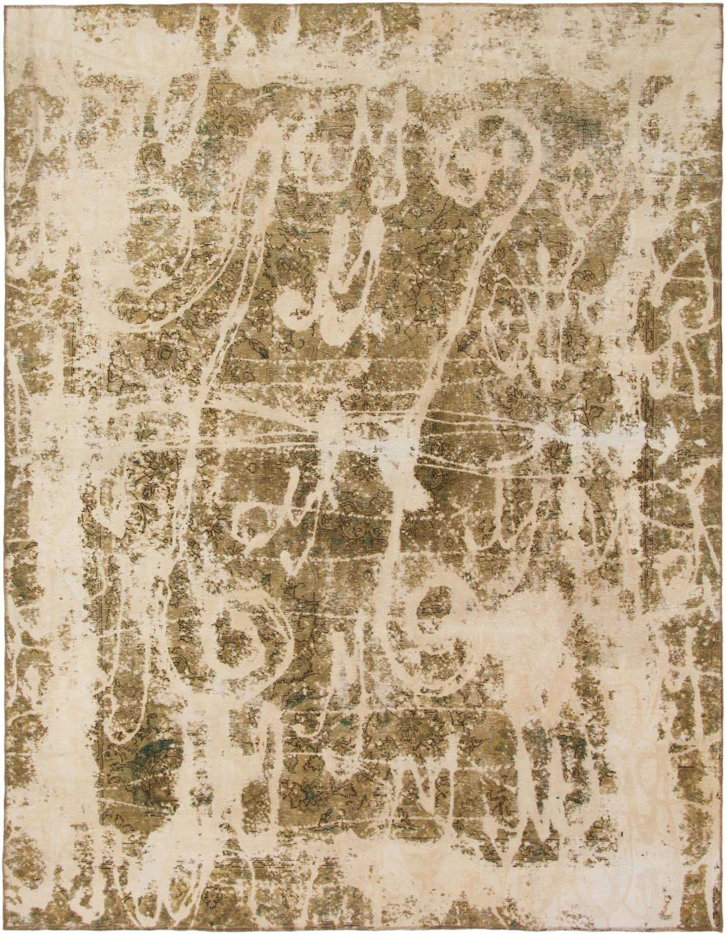 A 9x12 rectangular Ultra Vintage rug featuring an abstract, distressed ivory and cream pattern over an olive green base, ideal for a living room.
