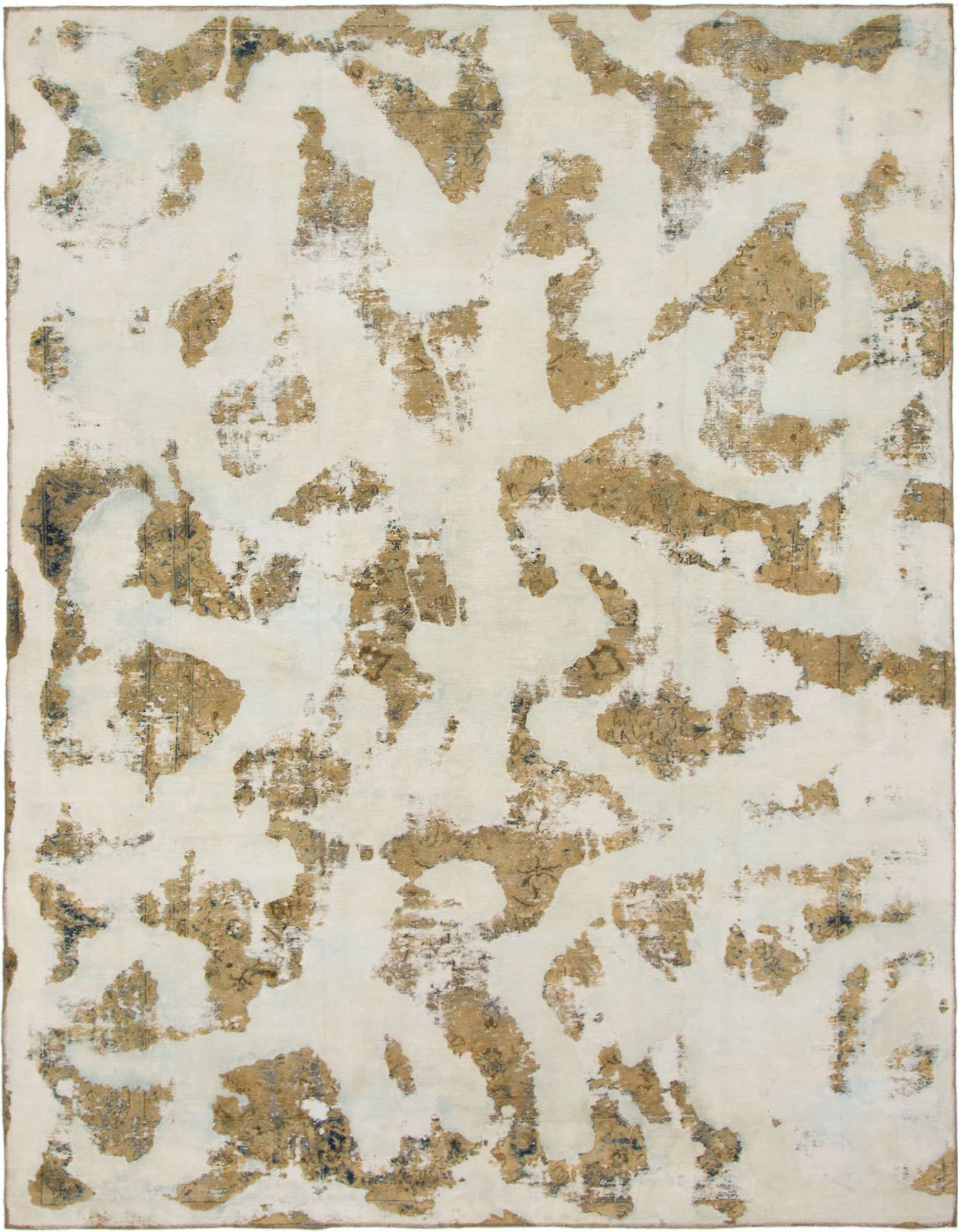 A 9x12 rectangular ivory and gold abstract area rug with a vintage Persian pattern peeking through.