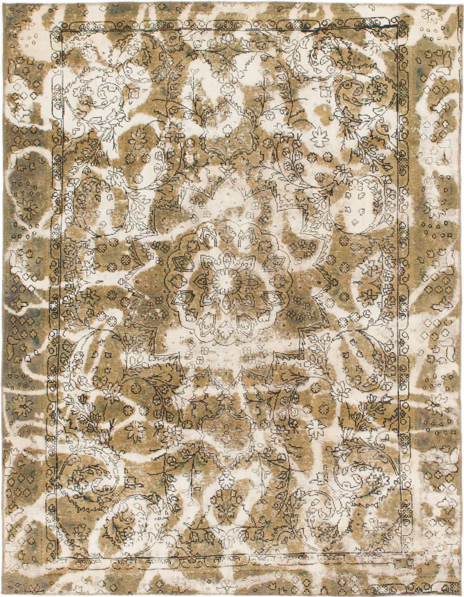 A 6x9 rectangular ivory and cream wool rug with a distressed Persian floral and medallion pattern.