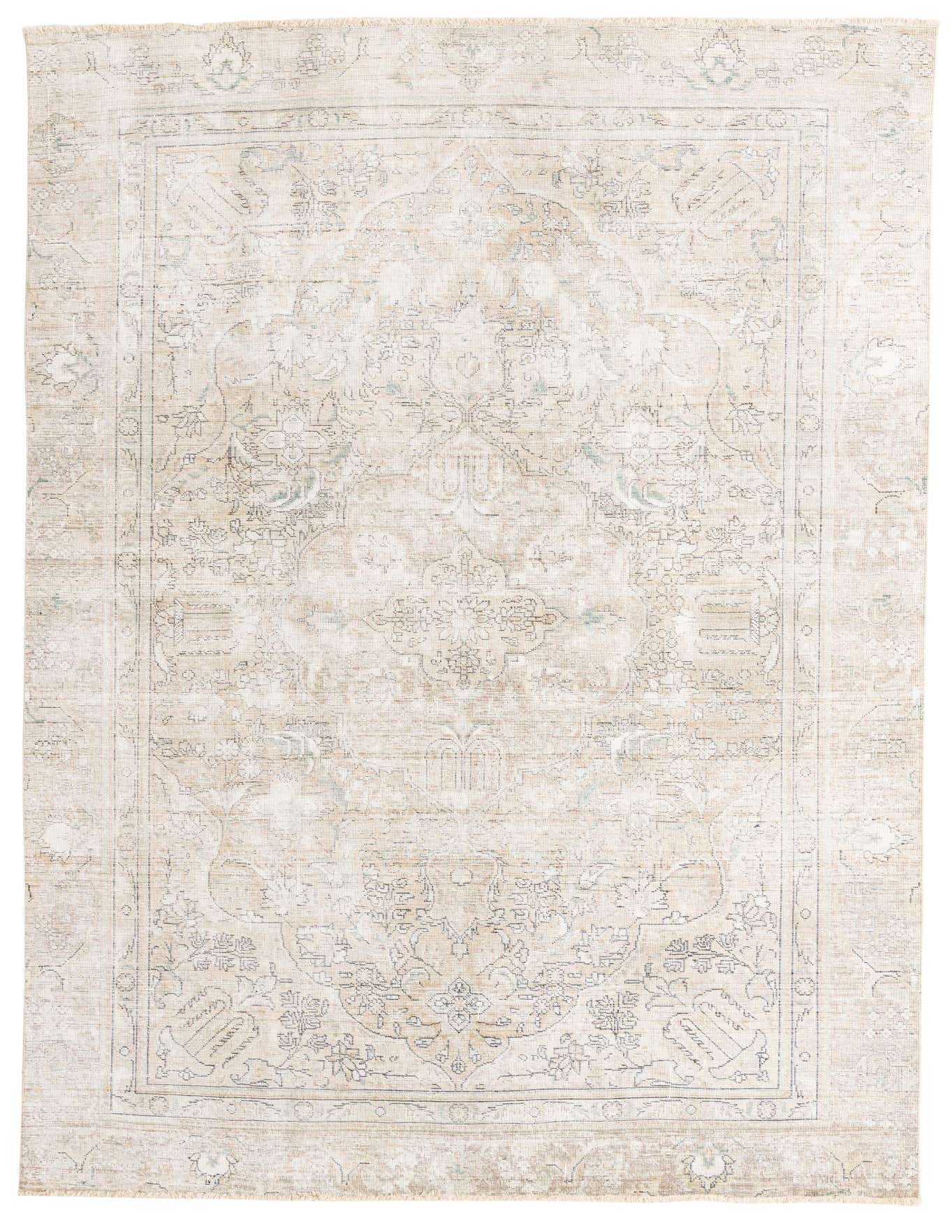 An 8x11 rectangular ivory and cream Persian-style rug with a faded medallion pattern, suitable for a living room.