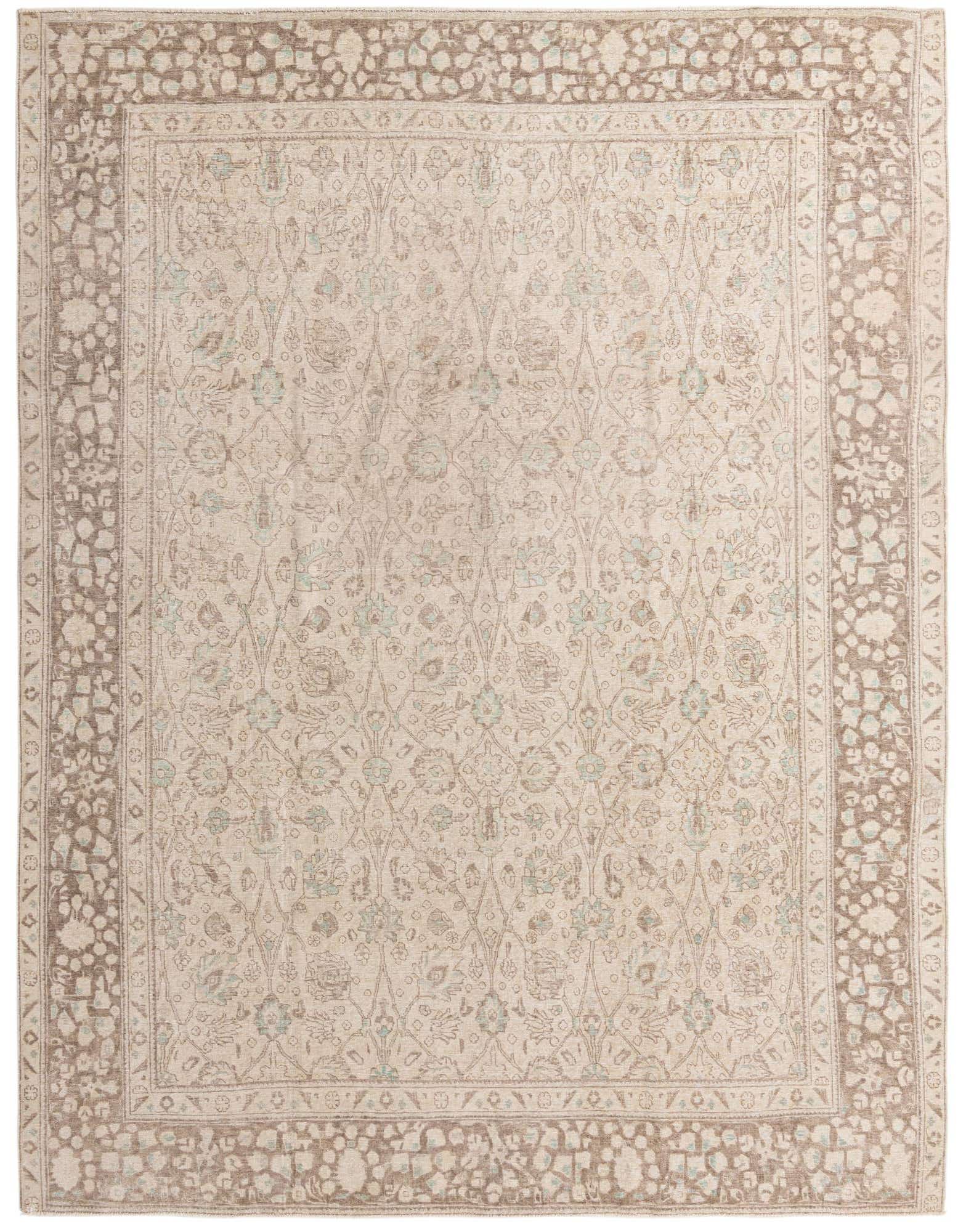 A 9x12 rectangular Ultra Vintage Persian rug in ivory and cream with a detailed floral pattern and a wide brown border.