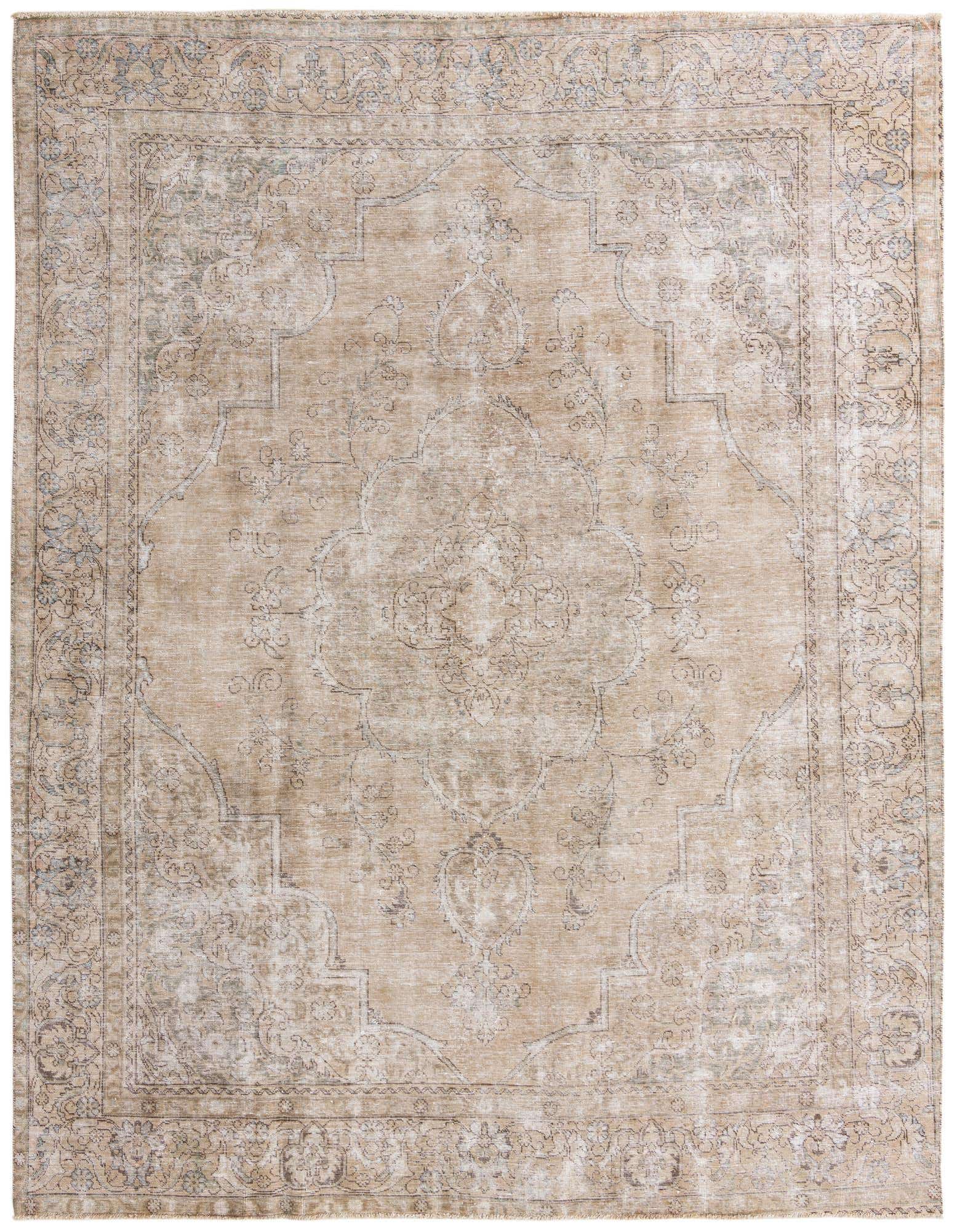 A 9x12 rectangular ivory and cream Persian-style wool rug with a faded medallion pattern.