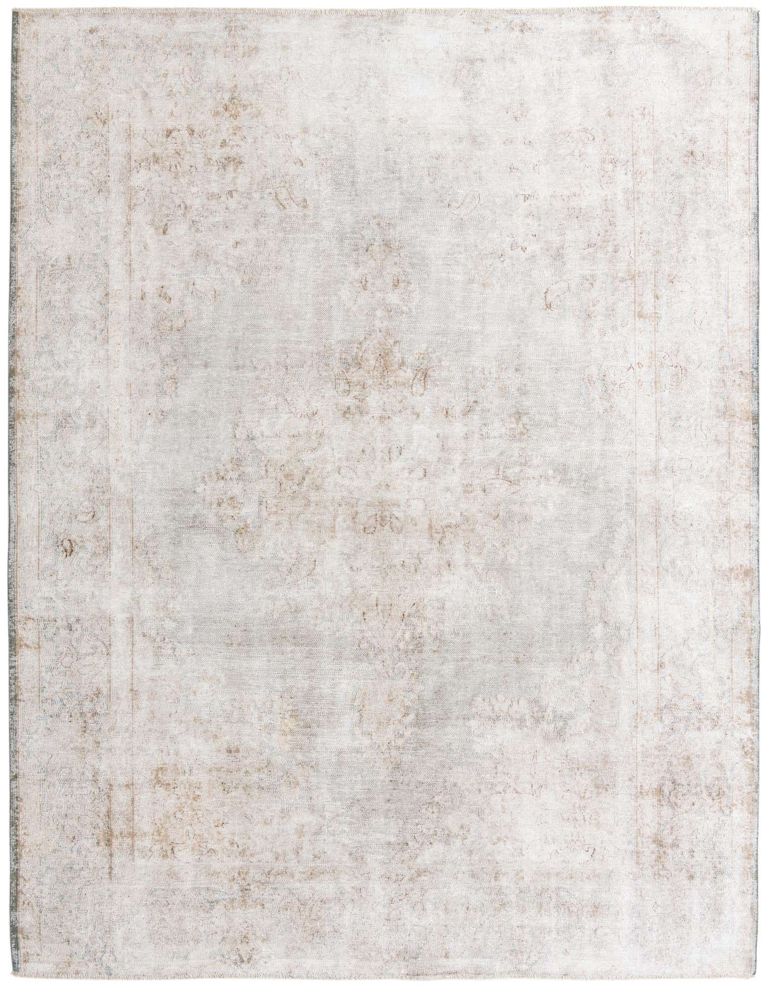 A 9x12 rectangular ivory and cream wool rug with a faded Persian-inspired vintage pattern, ideal for a living room.