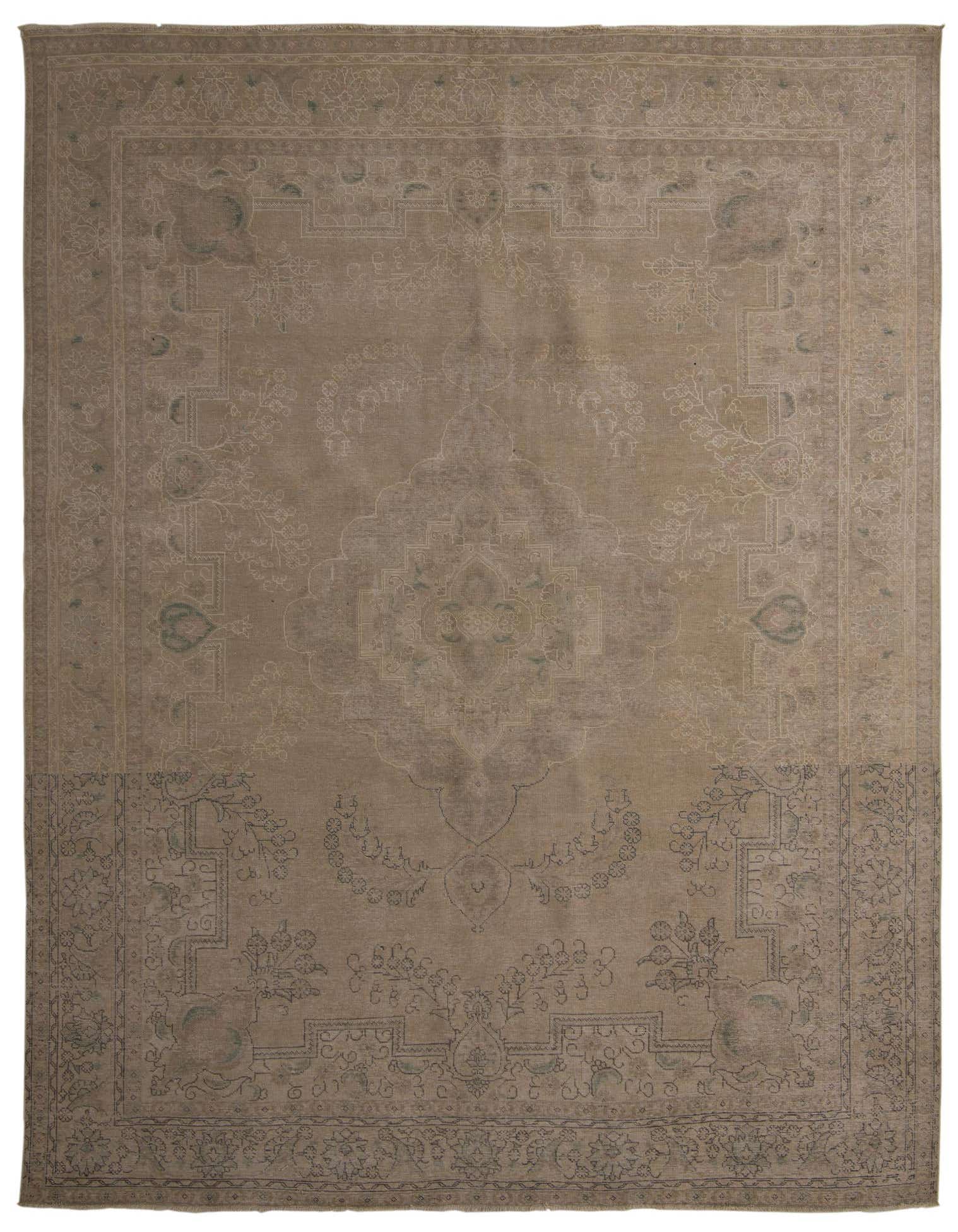 A 10x12 rectangular ivory and cream Persian-style wool rug with a faded vintage medallion pattern.