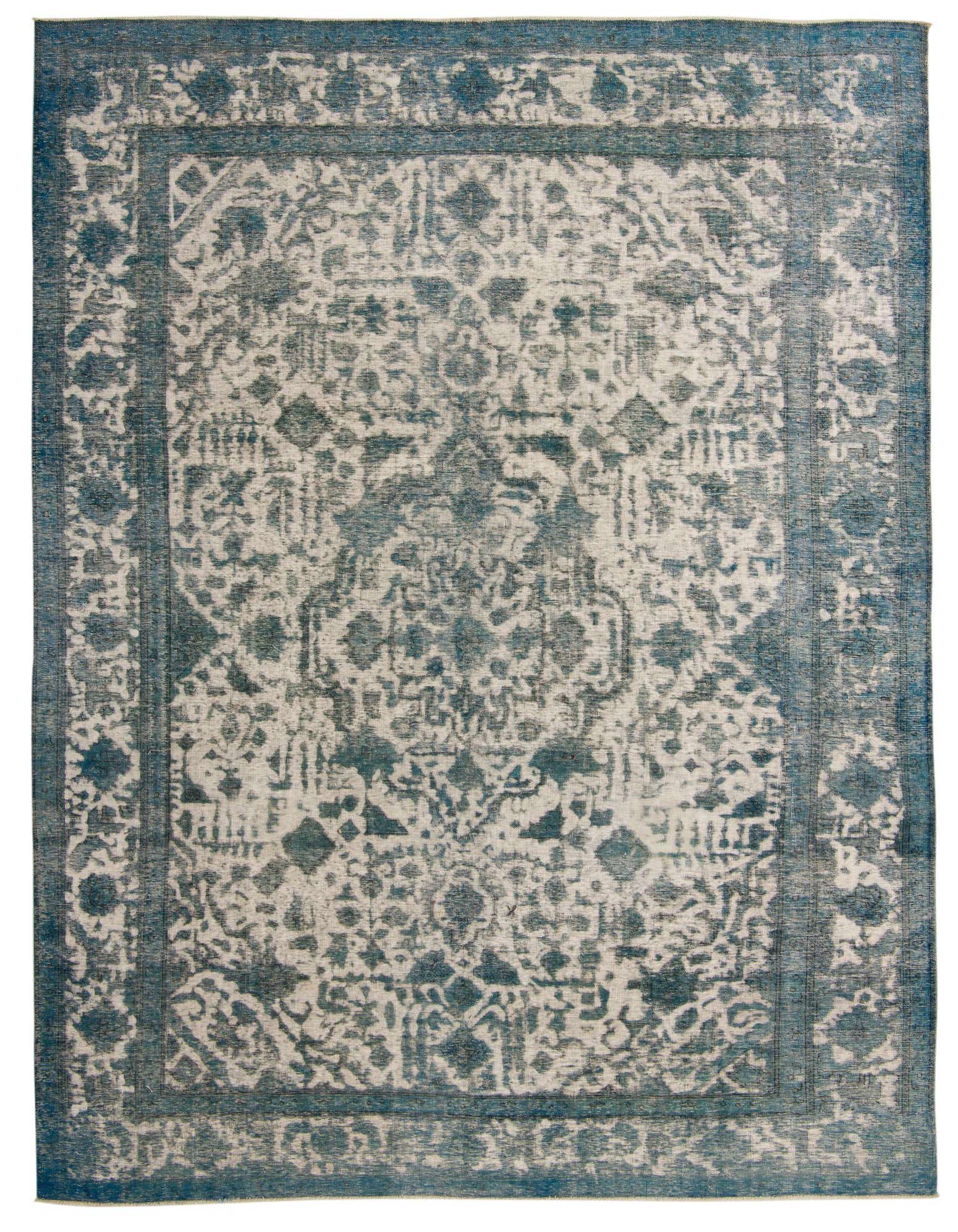 A 9x12 rectangular Ultra Vintage wool rug featuring a distressed Persian pattern in shades of ivory and cream with a teal border.