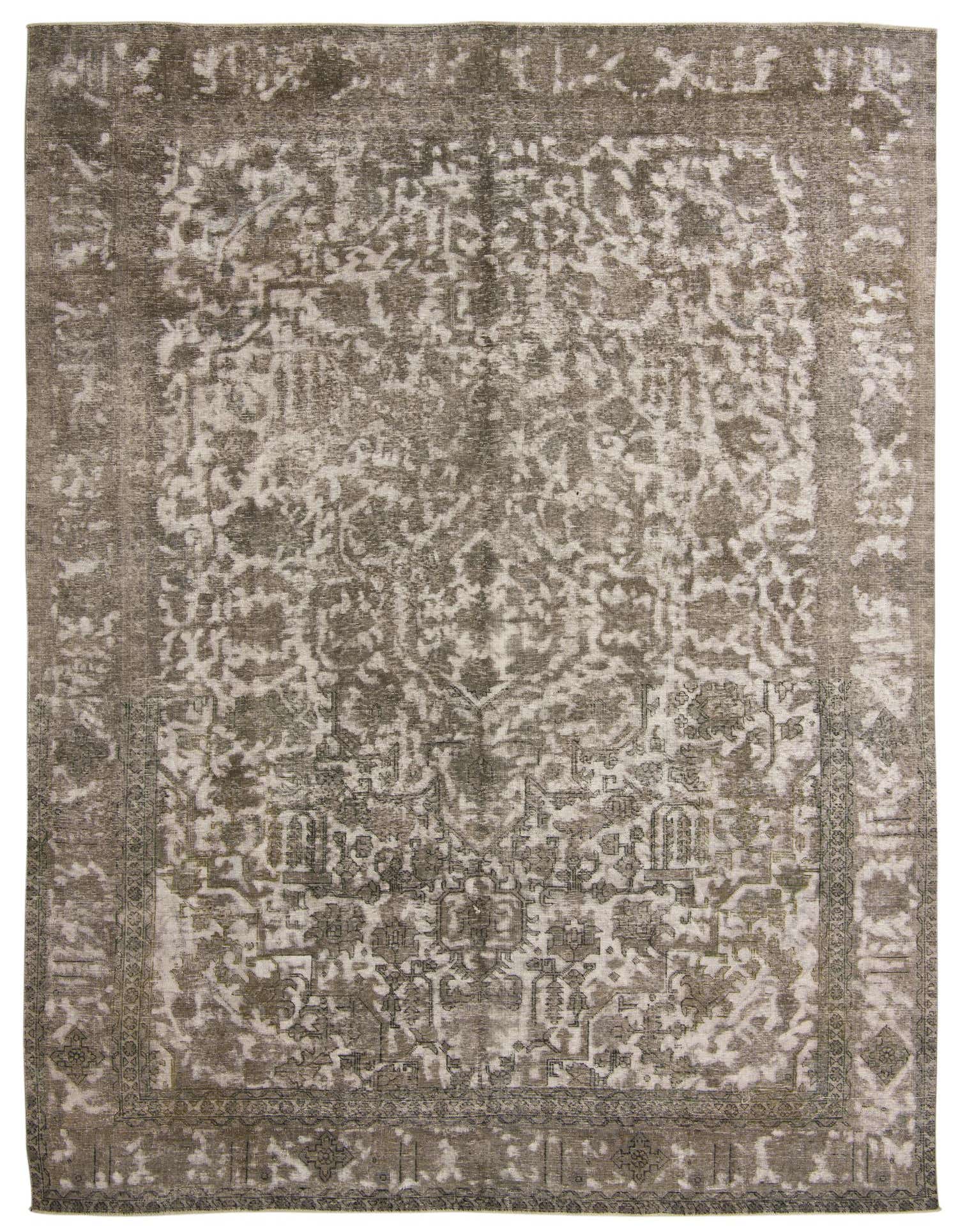 A 9x12 rectangular ivory and cream wool rug with a distressed Persian pattern, ideal for a living room.