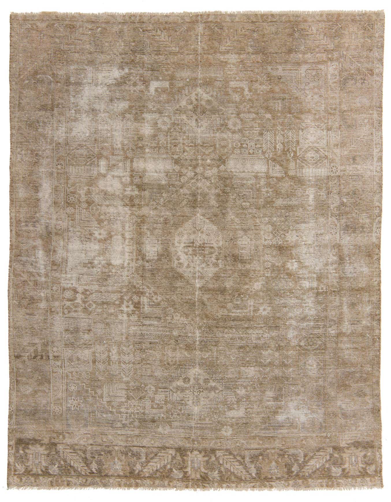 A 6x9 rectangular ivory and cream Persian-style wool rug with a distressed vintage pattern and fringe.