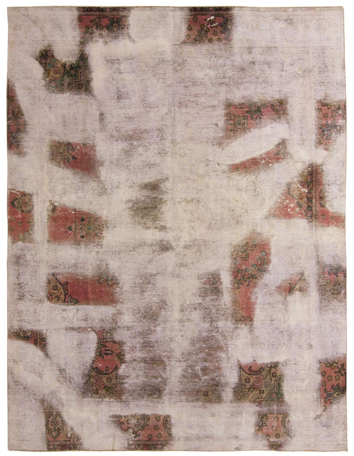 A 9x12 rectangular ivory and cream rug with a distressed, abstract Persian pattern in muted reds and greens, suitable for a living room.