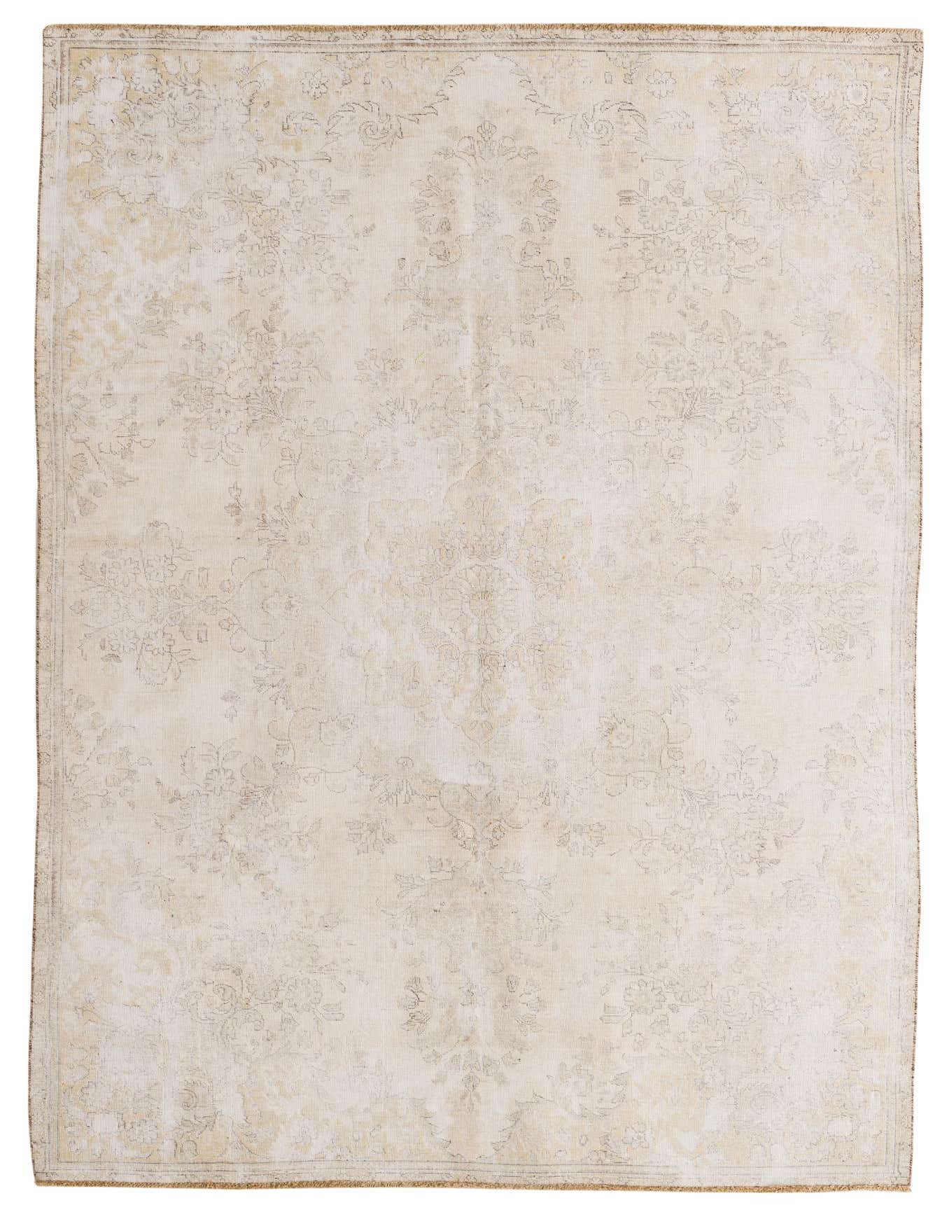 A 6x9 rectangular ivory and cream Persian-style wool rug with a faded vintage floral pattern.