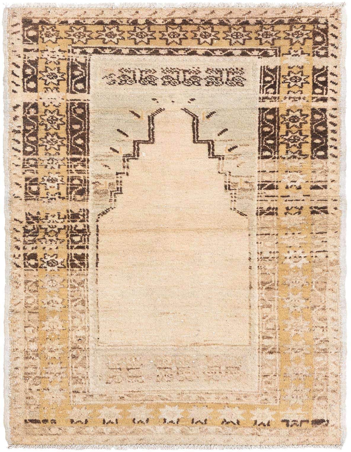 A 3x5 rectangular ivory and cream Persian rug with a central mihrab design and geometric borders.