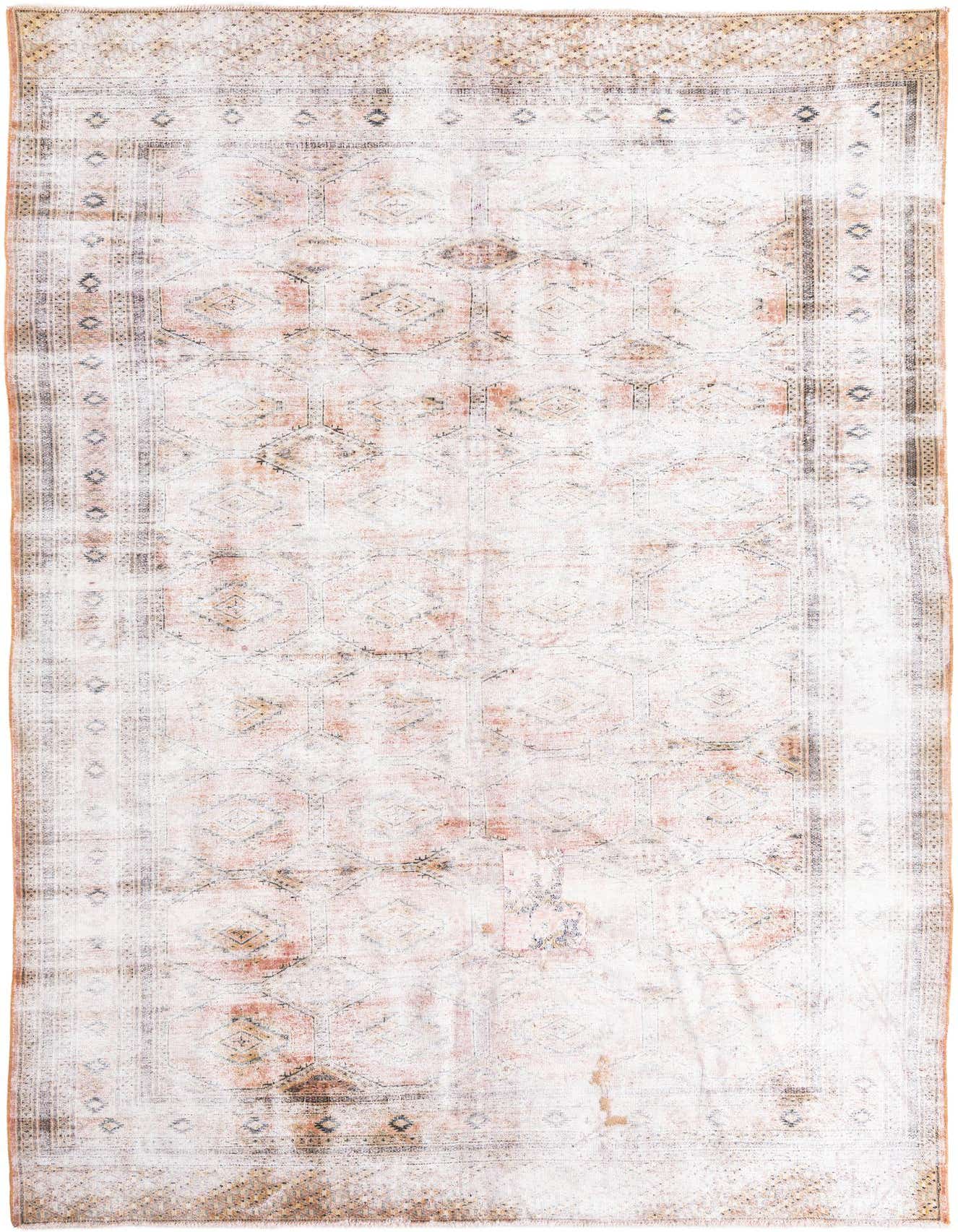 A 6x9 rectangular Rugs.com Ultra Vintage rug with a faded ivory and cream Persian pattern, showcasing a distressed, modern look.