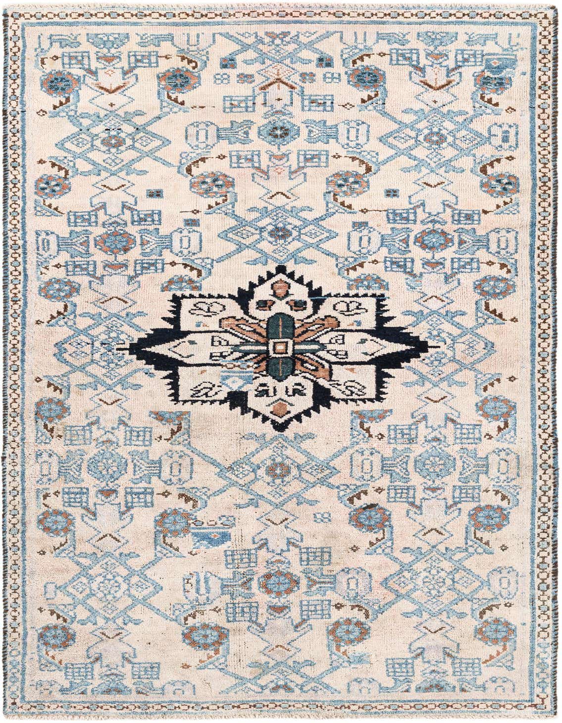 A 3x5 rectangular ivory and blue Persian rug with a central medallion and intricate patterns, perfect for an entryway.