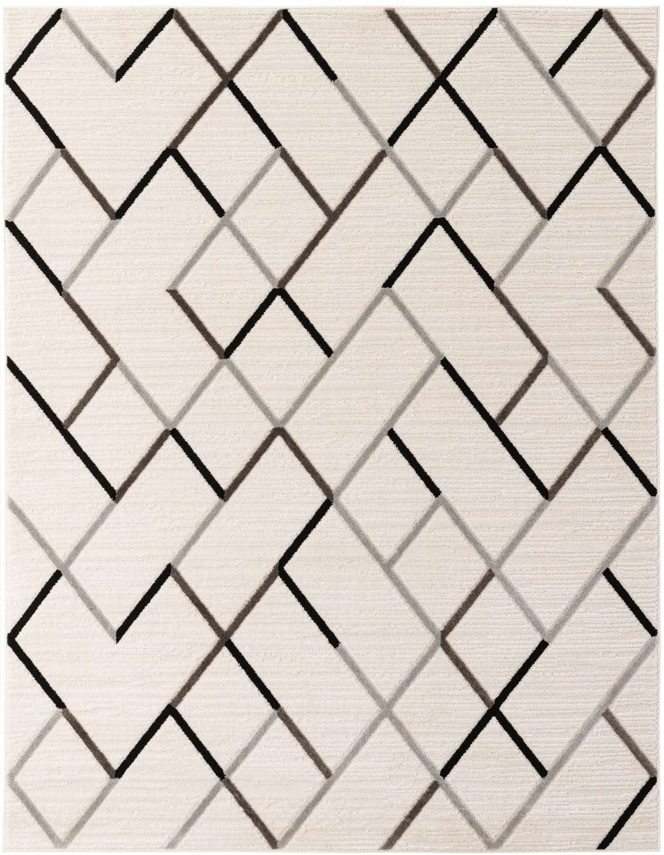 A 5x8 rectangular ivory modern rug with a geometric pattern of intersecting black and gray lines.