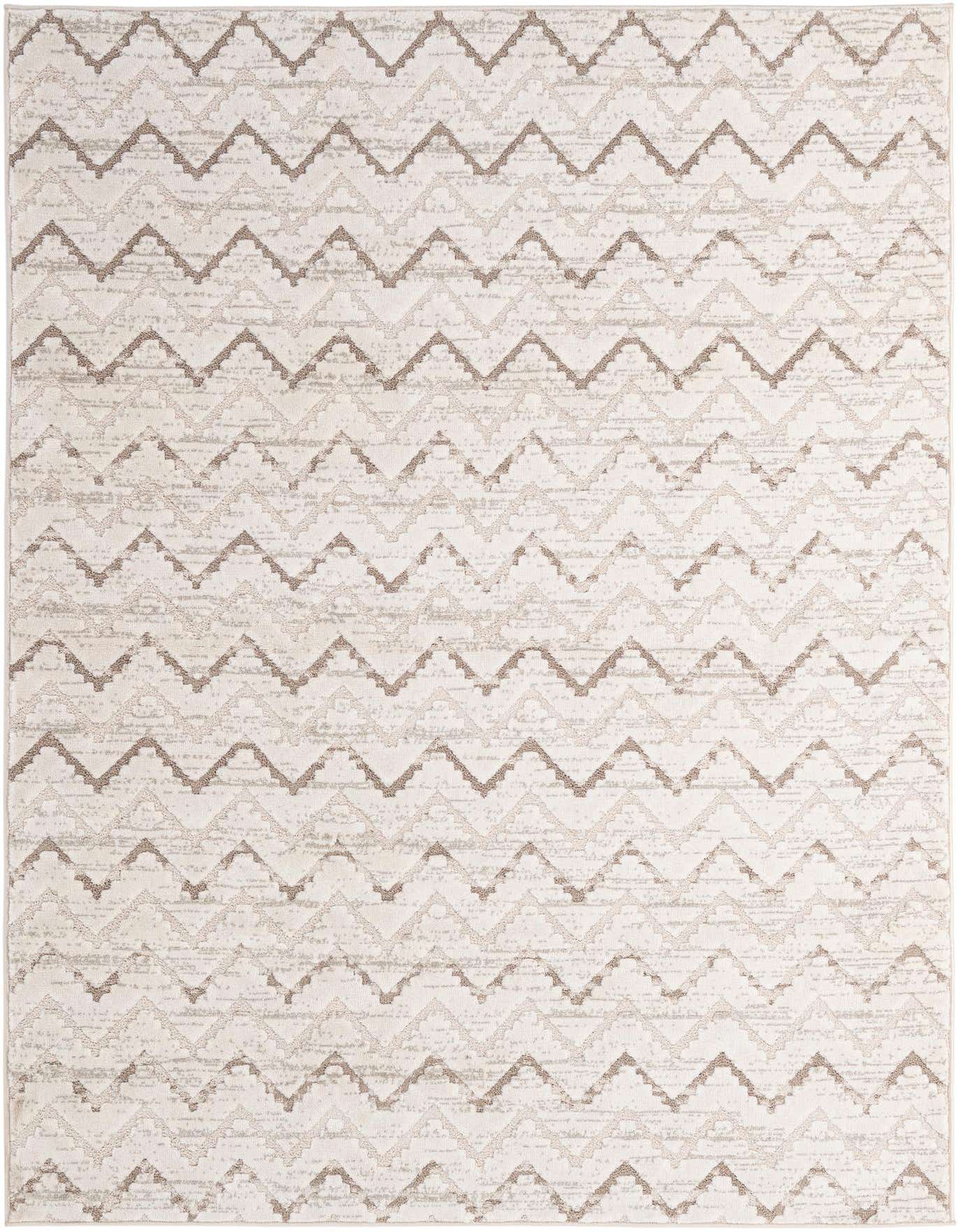 A 5x7 rectangular modern area rug featuring a distressed chevron pattern in ivory and cream tones.