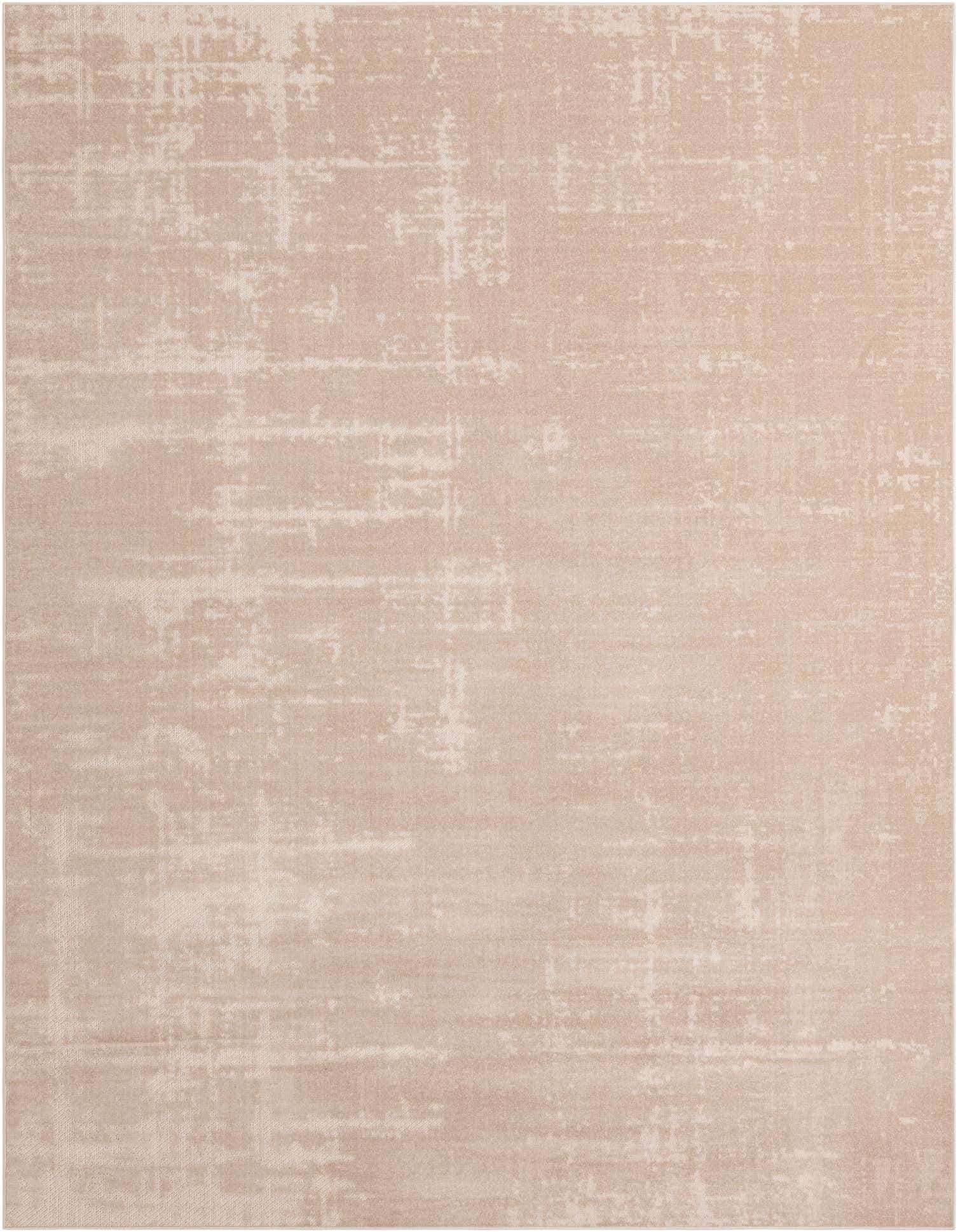 A 9x12 rectangular ivory and cream minimalist rug with an abstract, distressed pattern, suitable for a living room.