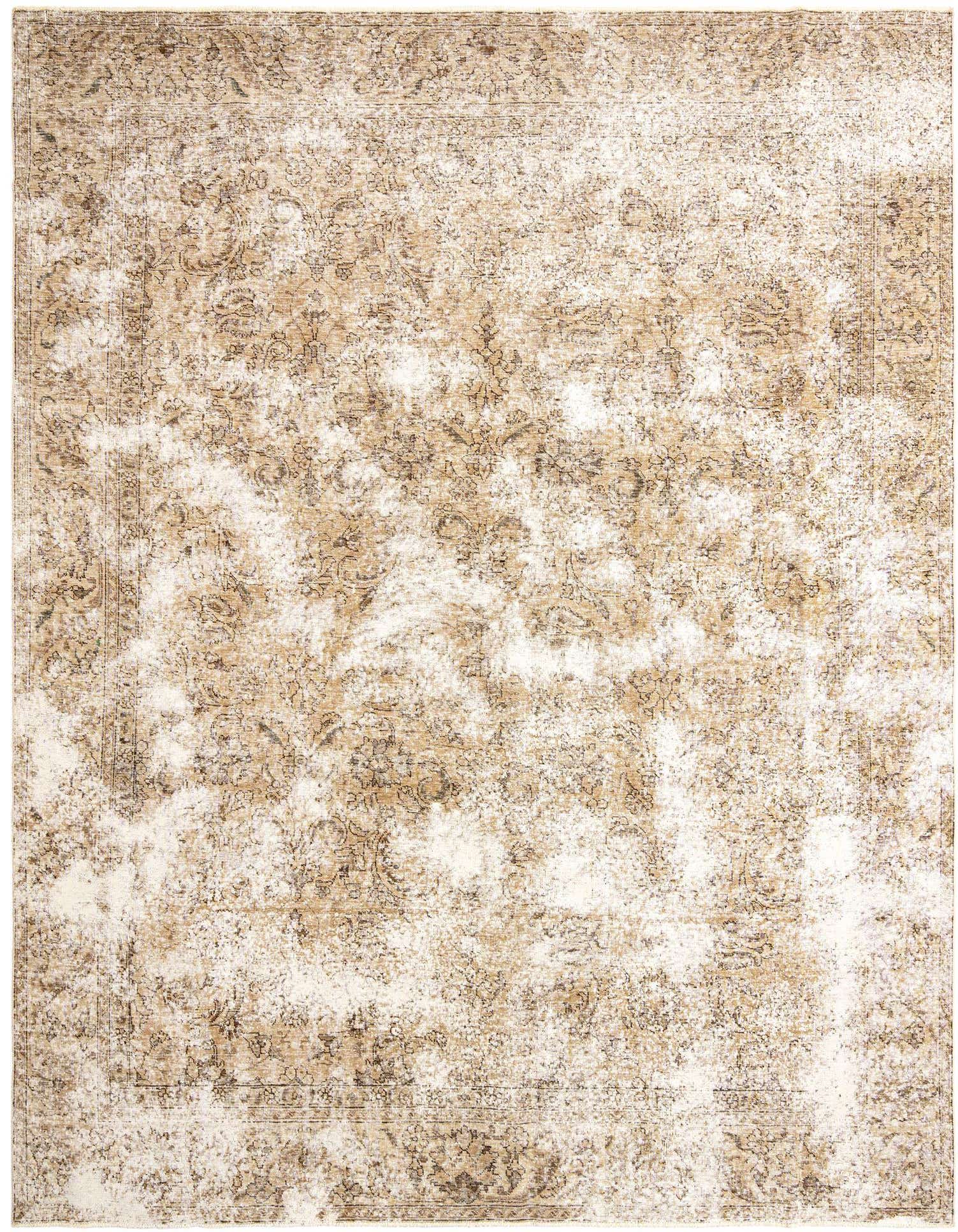 A 9x12 rectangular ivory and cream Persian rug with a distressed, faded traditional pattern, suitable for a living room.