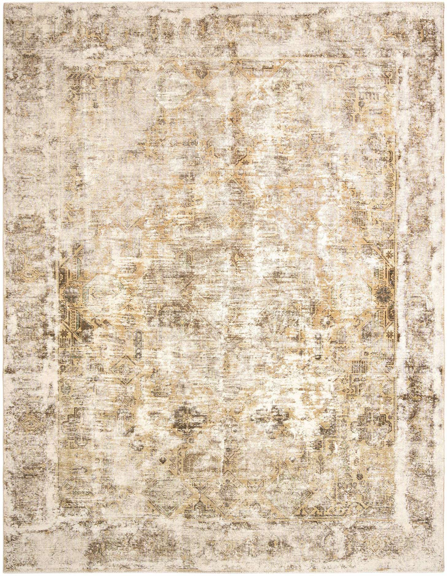 A 9x12 rectangular ivory and cream Persian-style wool rug with a distressed, vintage pattern, suitable for a living room.