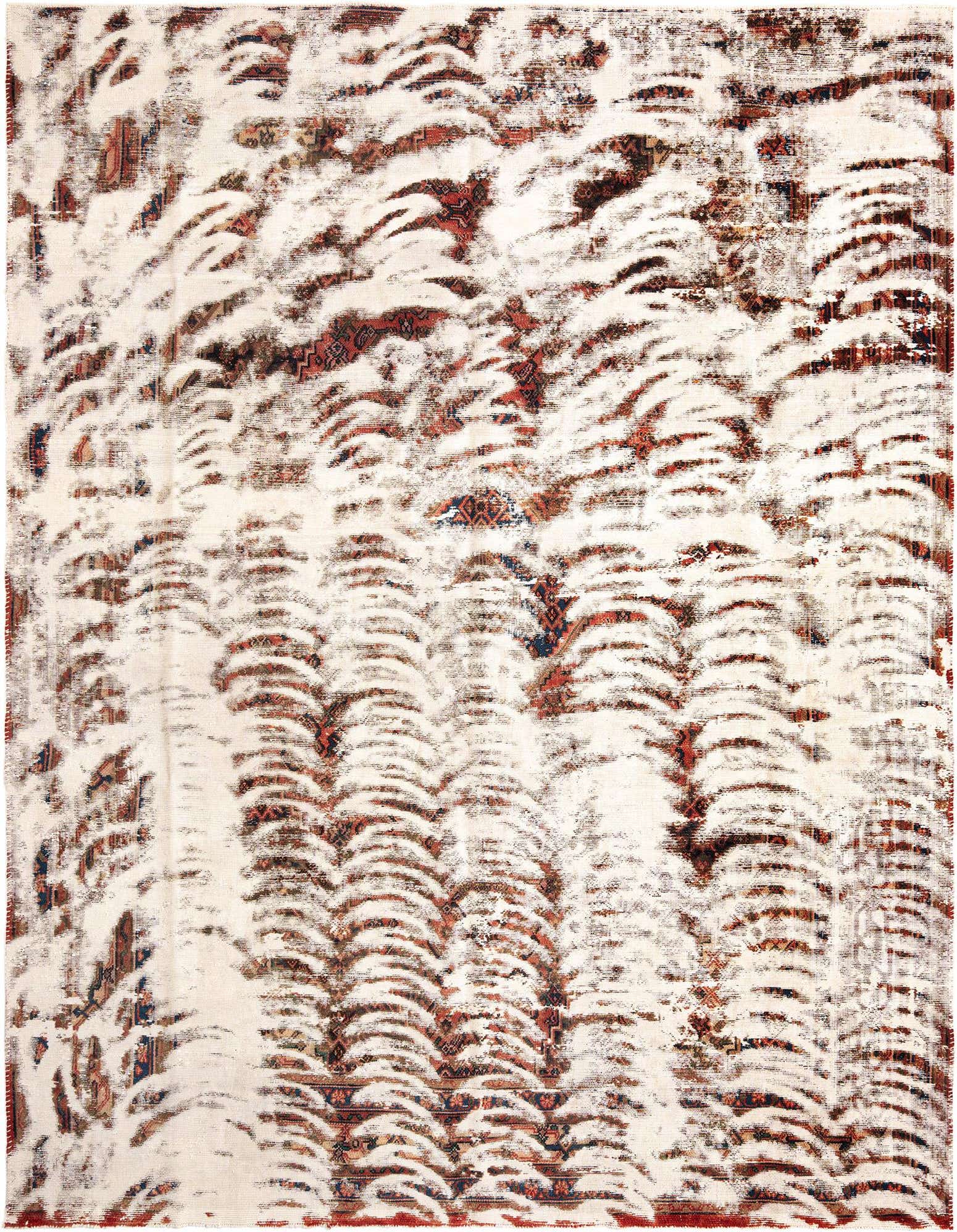 An 8x11 rectangular ivory and red Persian rug with a distressed, wave-like pattern, ideal for a living room.