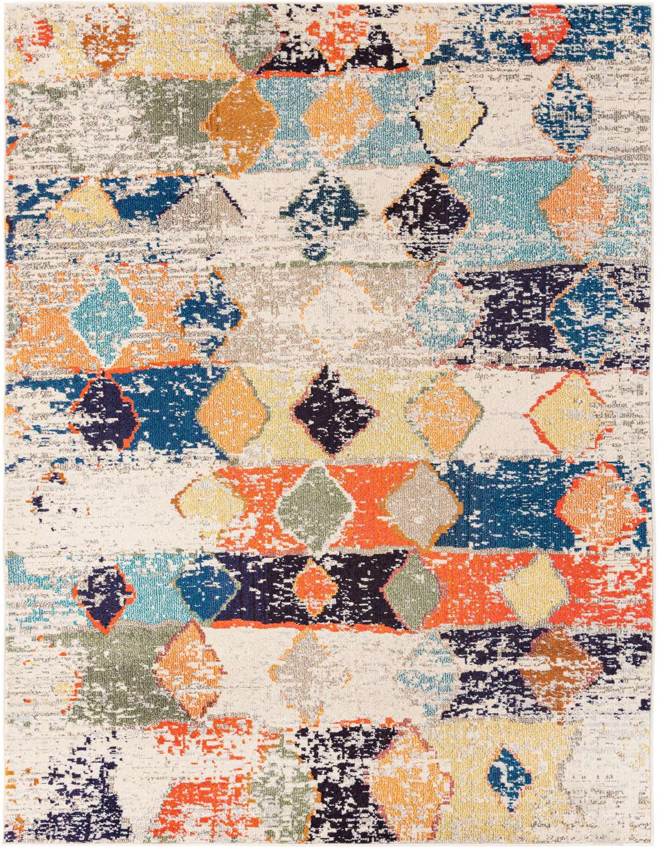 A 6x9 rectangular ivory area rug with a vibrant, distressed tribal pattern featuring diamonds in blue, orange, yellow, and green.