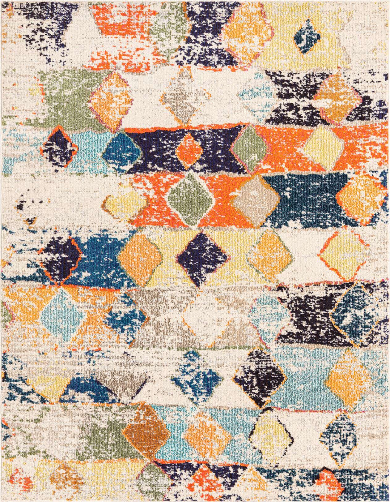 A 5x8 rectangular ivory area rug with a vibrant, distressed tribal pattern featuring diamonds in orange, blue, green, and yellow.