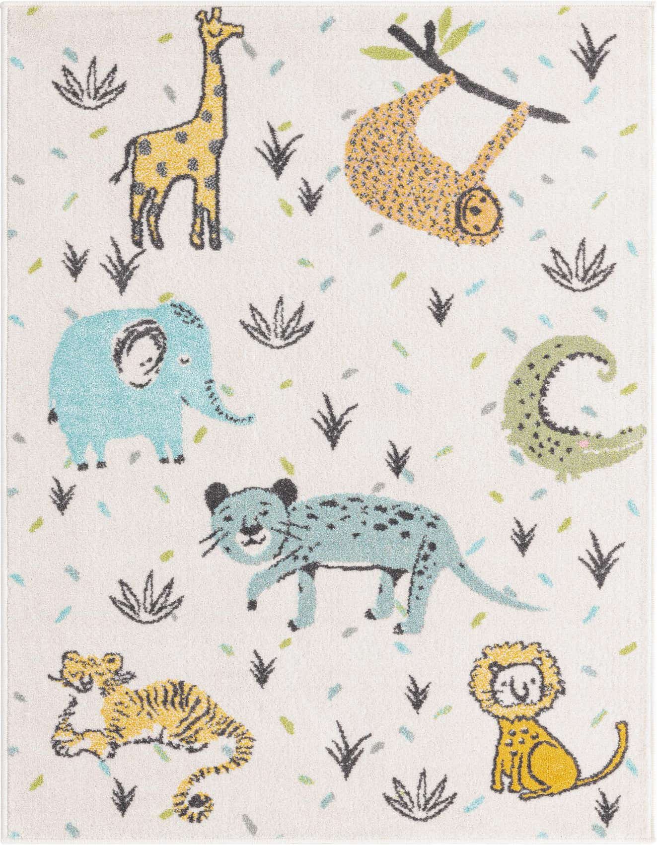 A 4x6 rectangular ivory kids' rug with a playful jungle animal pattern, featuring a giraffe, sloth, elephant, leopard, tiger, and lion.