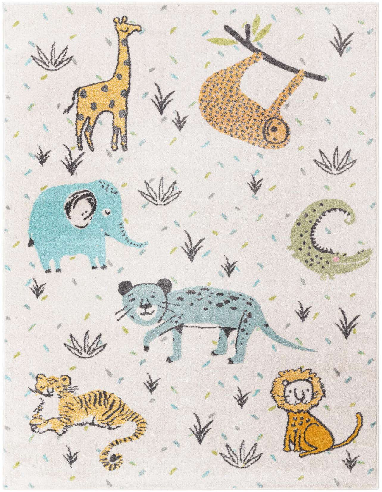 A 5x8 rectangular ivory rug with a playful safari animal pattern, including a giraffe, sloth, elephant, leopard, tiger, and lion, ideal for a child's room.