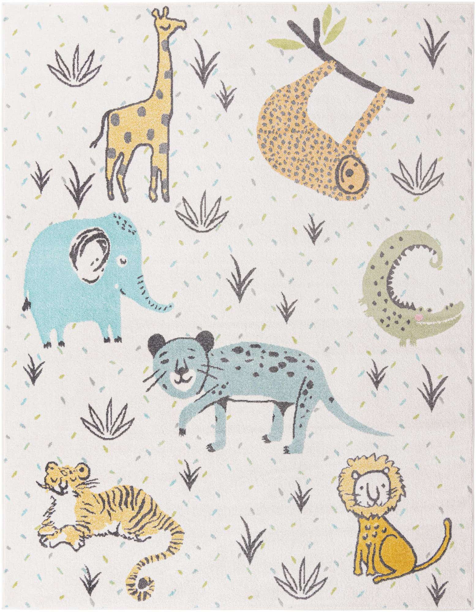 An 8x10 ivory rectangular rug featuring a playful jungle animal pattern with a giraffe, sloth, elephant, crocodile, leopard, tiger, and lion.