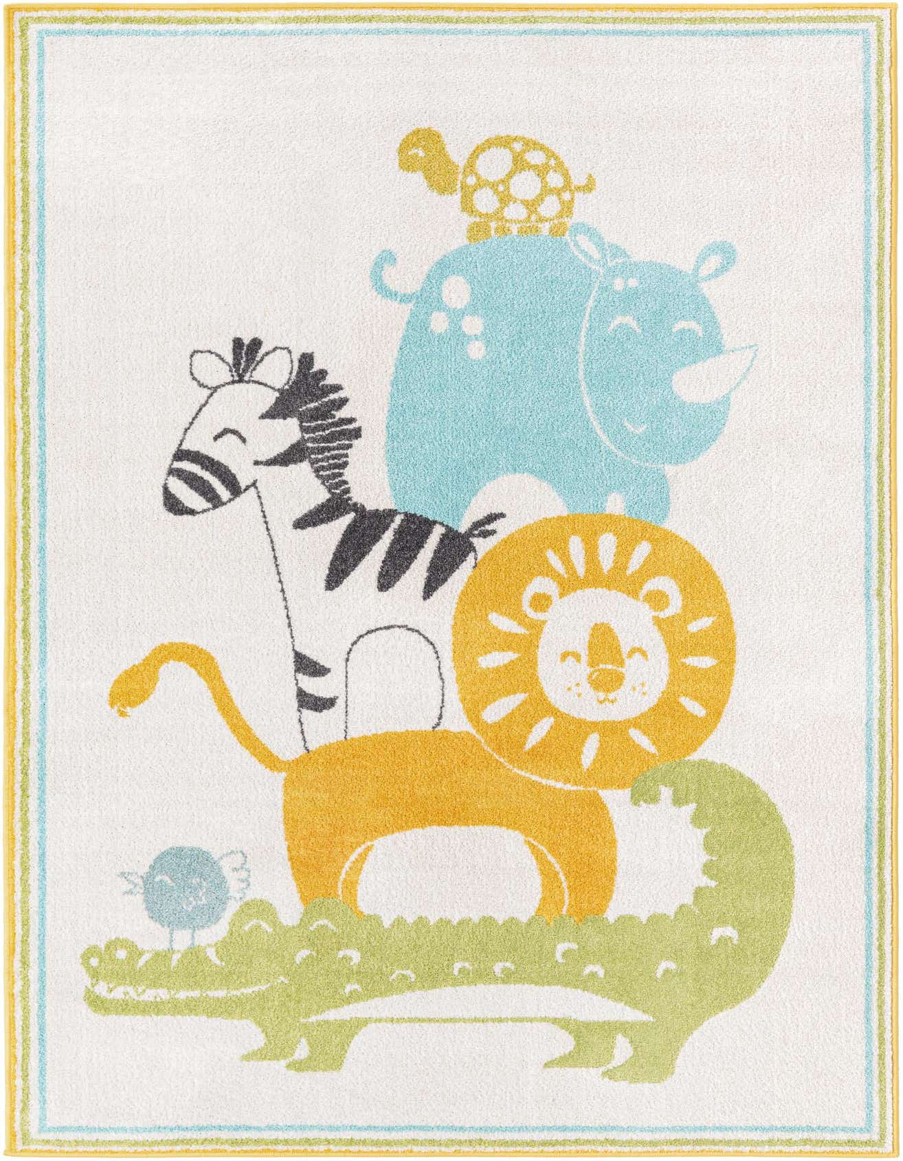 A 5x8 rectangular ivory rug featuring a playful stack of cartoon safari animals: a green alligator, an orange lion, a black and white zebra, a blue rhino, and a yellow turtle.