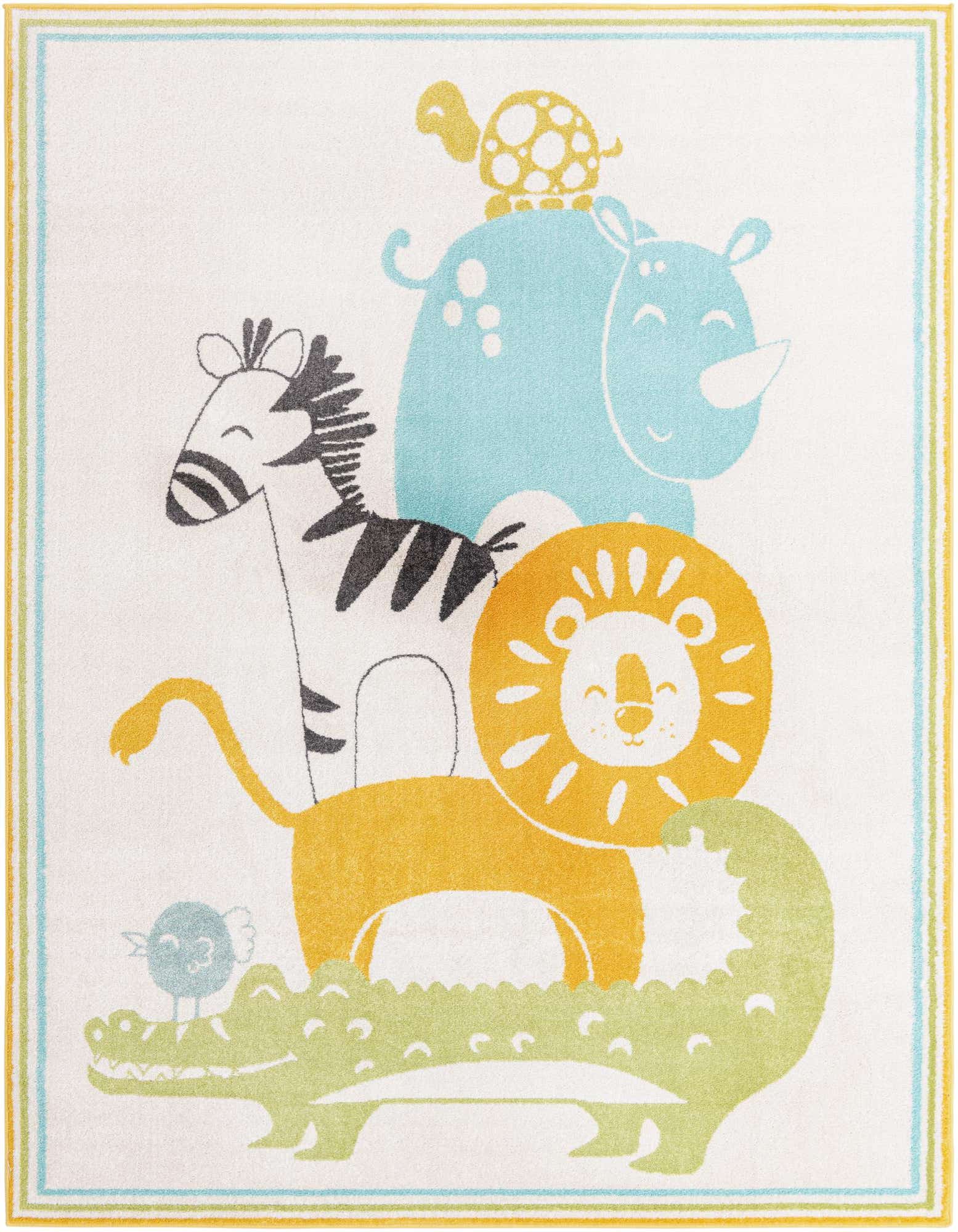 An 8x10 ivory rectangular rug featuring stacked cartoon safari animals: a green alligator, an orange lion, a black and white zebra, a blue rhino, and a yellow turtle.