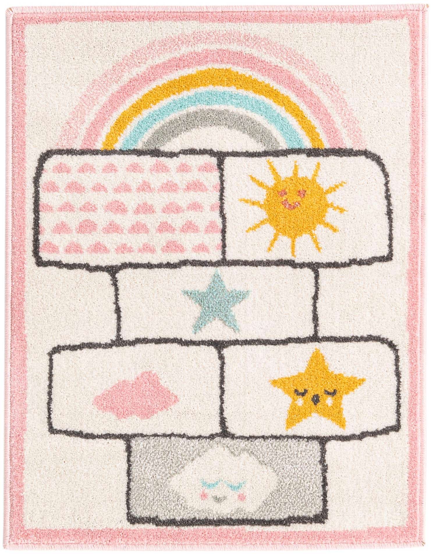 A 2x3 rectangular ivory rug featuring a colorful hopscotch design with a rainbow, sun, stars, and clouds.