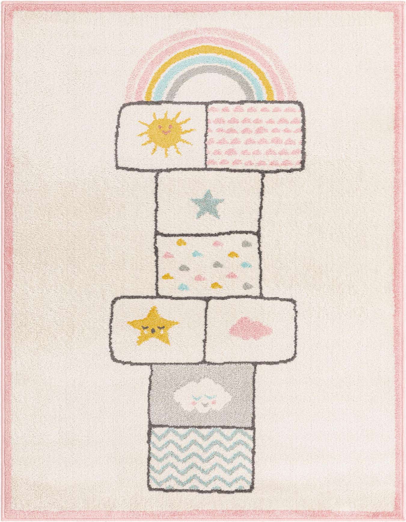 A 4x6 rectangular ivory kids' rug featuring a colorful hopscotch pattern with a rainbow, sun, stars, and clouds.