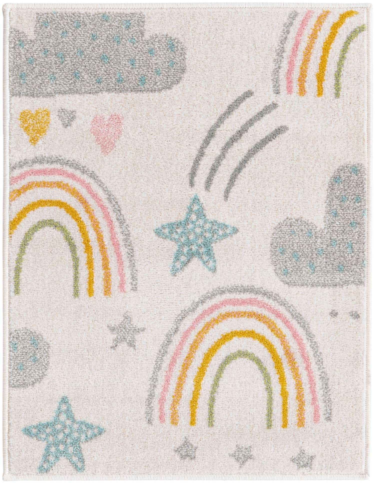 A 2x3 rectangular ivory rug featuring a playful pattern of pastel rainbows, grey clouds with blue dots, and blue and grey stars.
