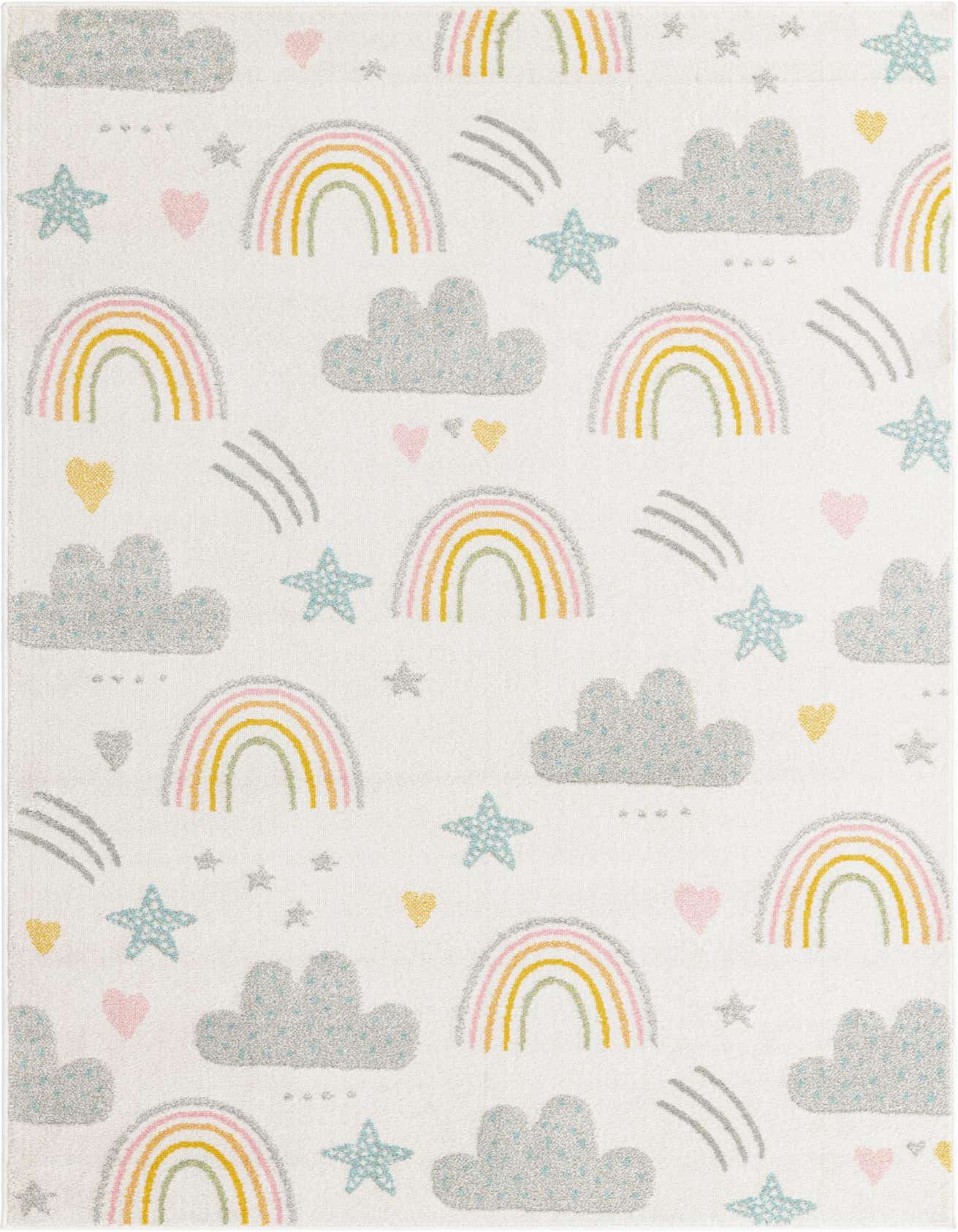 A 5x8 rectangular ivory rug featuring a whimsical pattern of pastel rainbows, gray clouds, blue stars, and pink and yellow hearts.