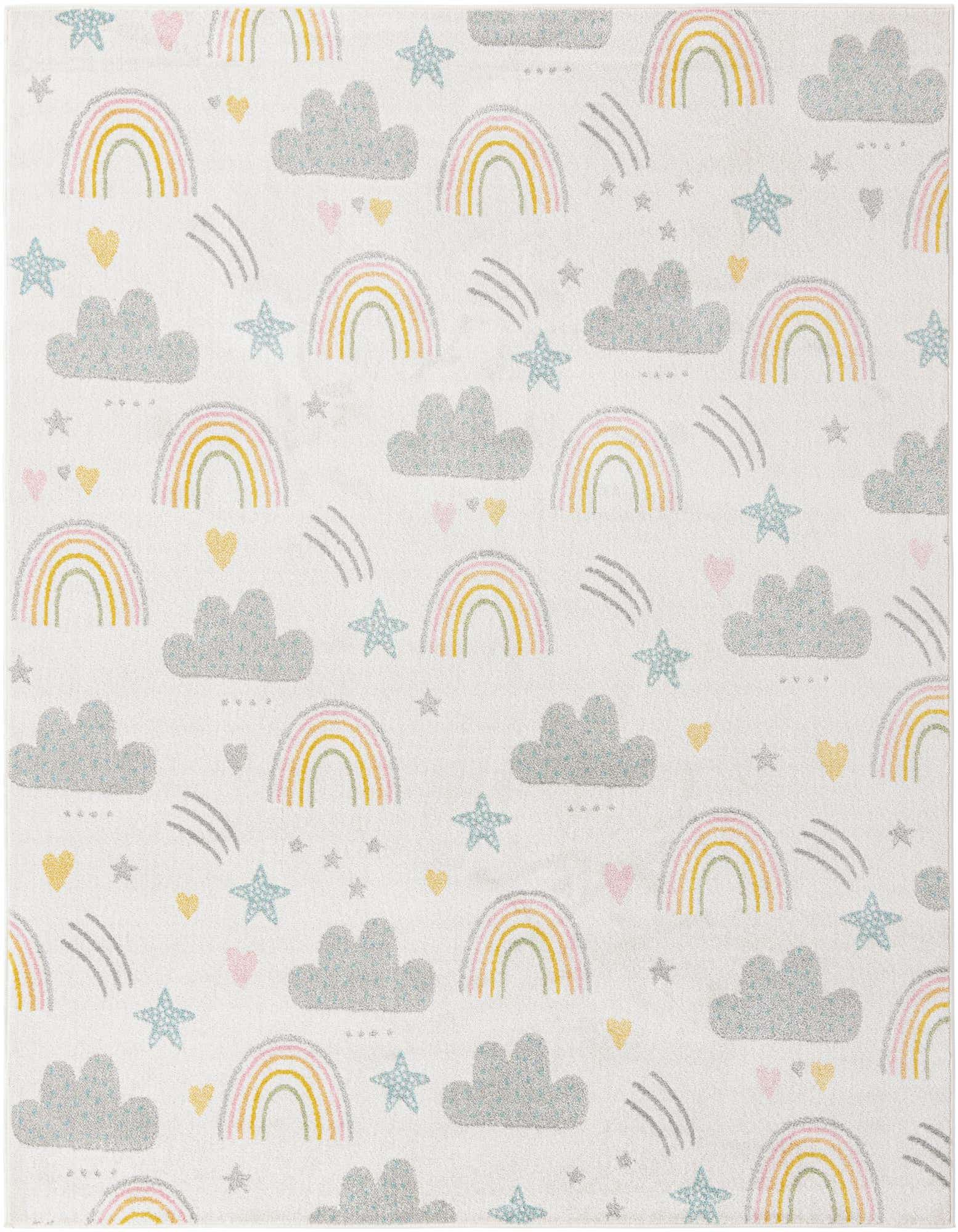 An 8x10 ivory rectangular rug featuring a whimsical pattern of pastel rainbows, gray clouds, shooting stars, and hearts.