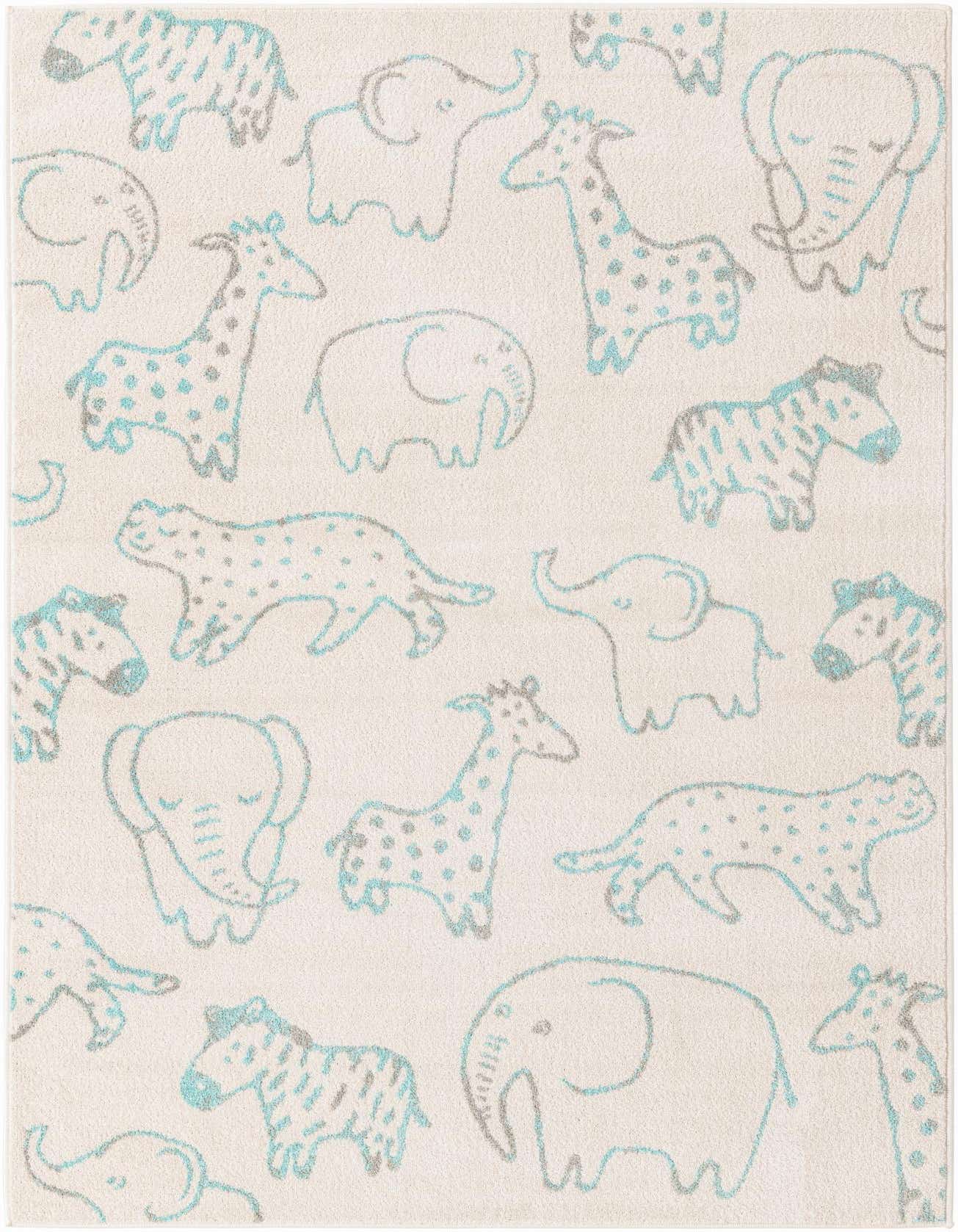 A rectangular 5x8 ivory rug featuring playful blue and gray outlined safari animals like elephants, giraffes, and zebras.
