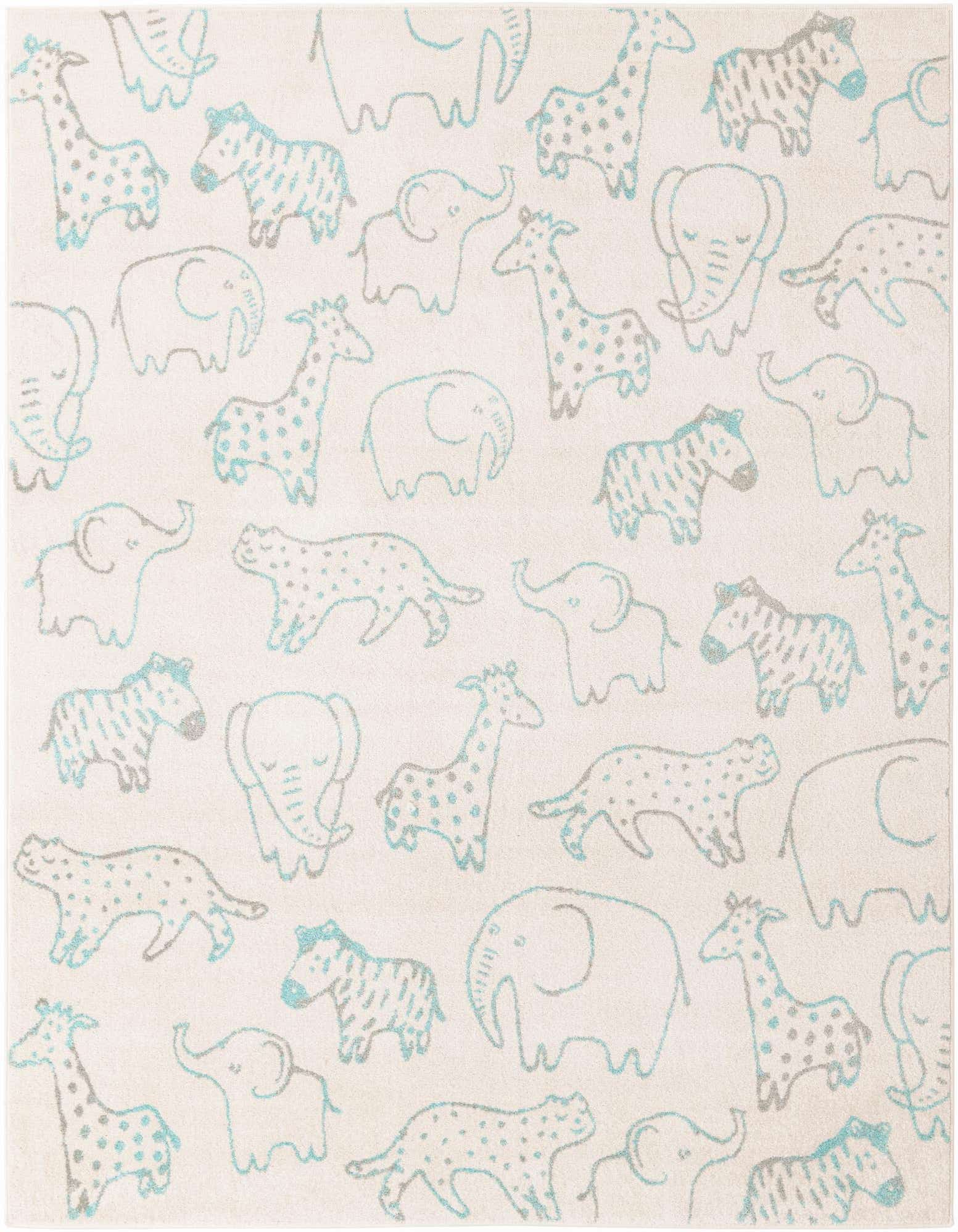 An 8x10 rectangular ivory rug featuring playful blue and gray outlined safari animals like elephants, giraffes, and zebras, perfect for a child's room.