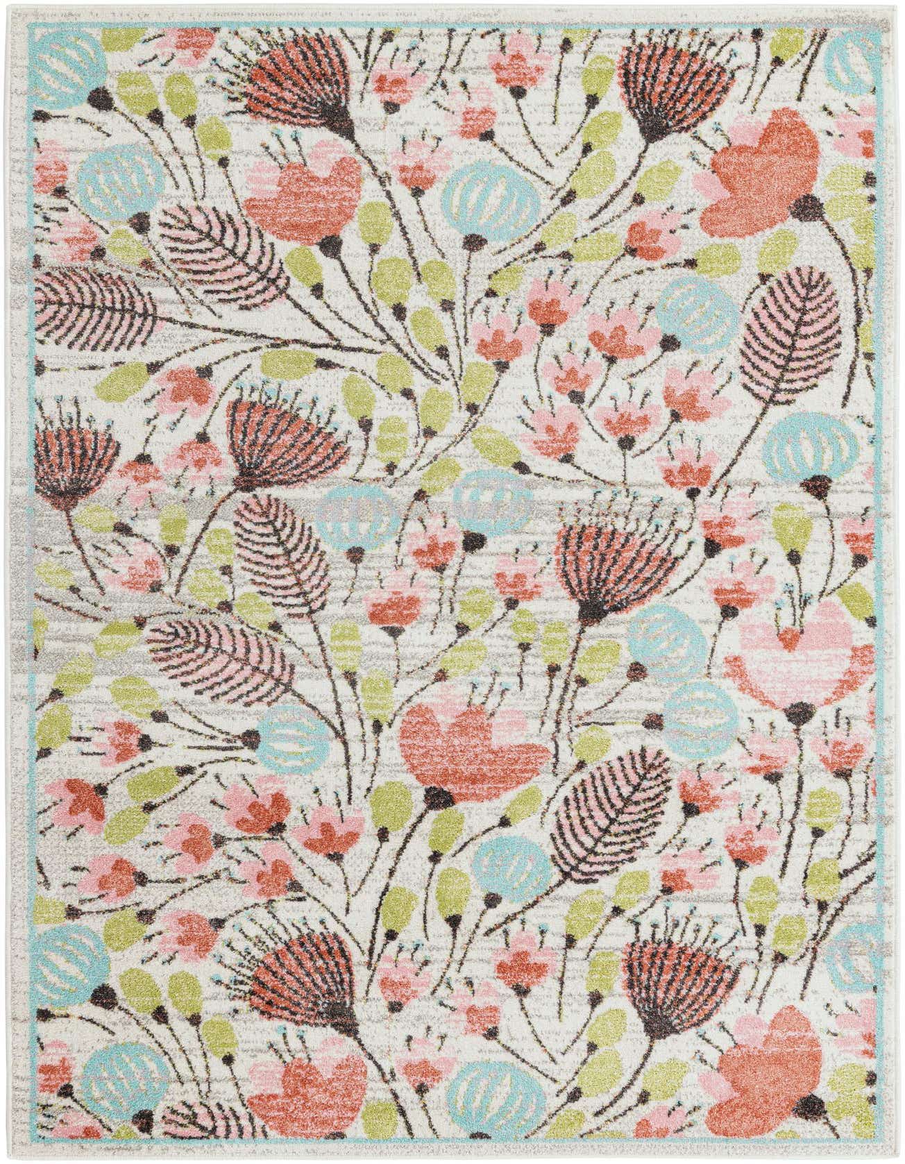 A 5x8 rectangular ivory rug with a vibrant floral pattern featuring coral, pink, light blue, and green botanical elements.