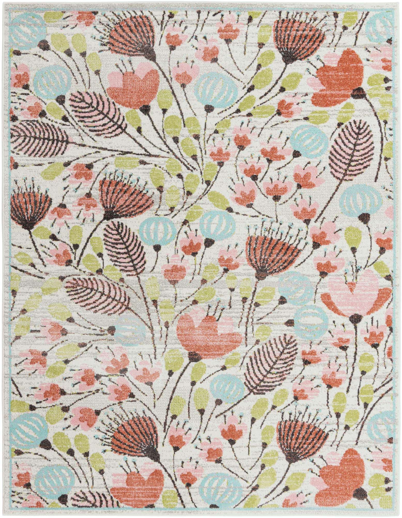 A rectangular 8x10 ivory area rug with a vibrant floral pattern featuring coral, light blue, pink, and green botanicals.