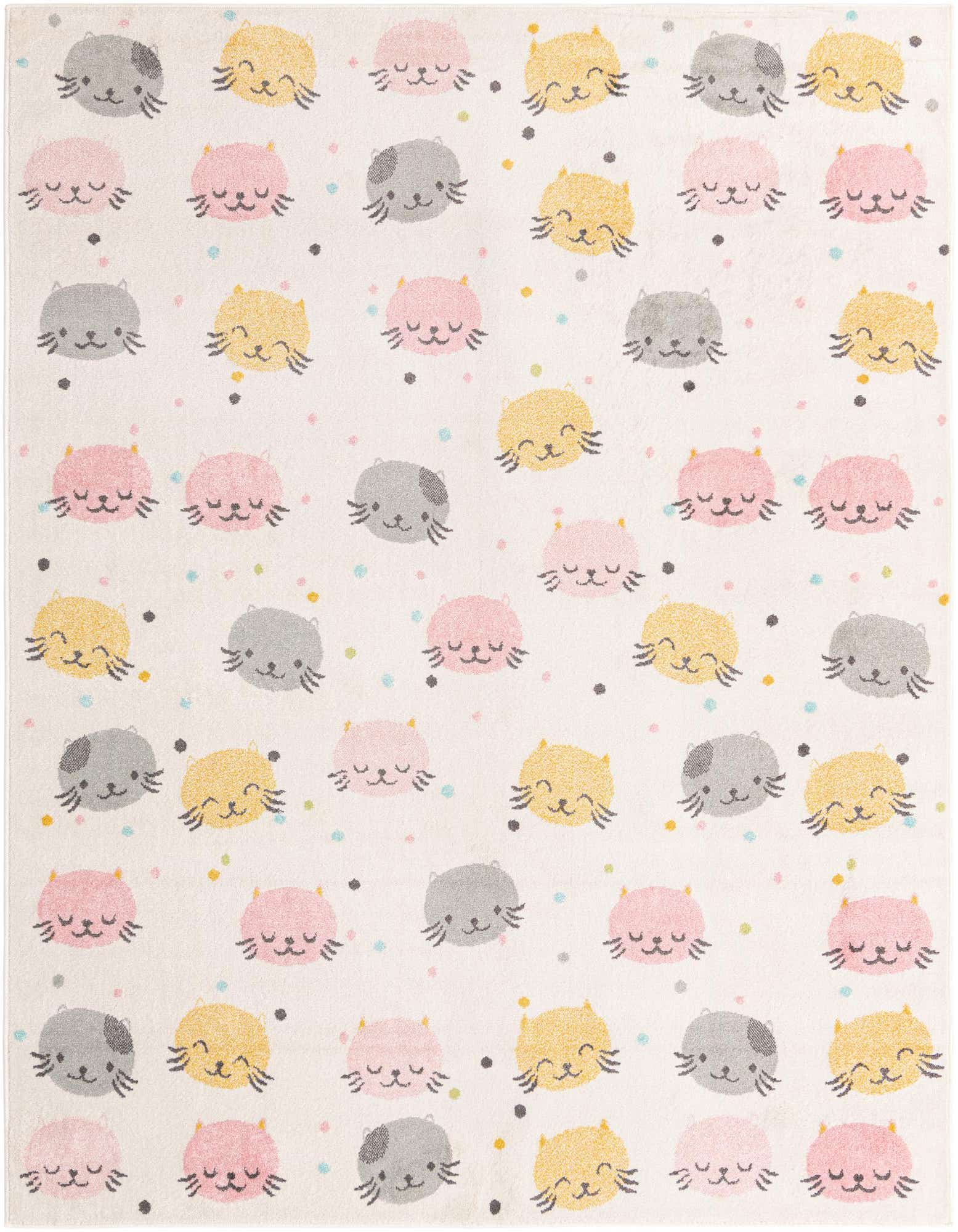 An 8x10 rectangular ivory rug featuring a playful pattern of smiling cat faces in pink, yellow, and gray, with colorful polka dots.