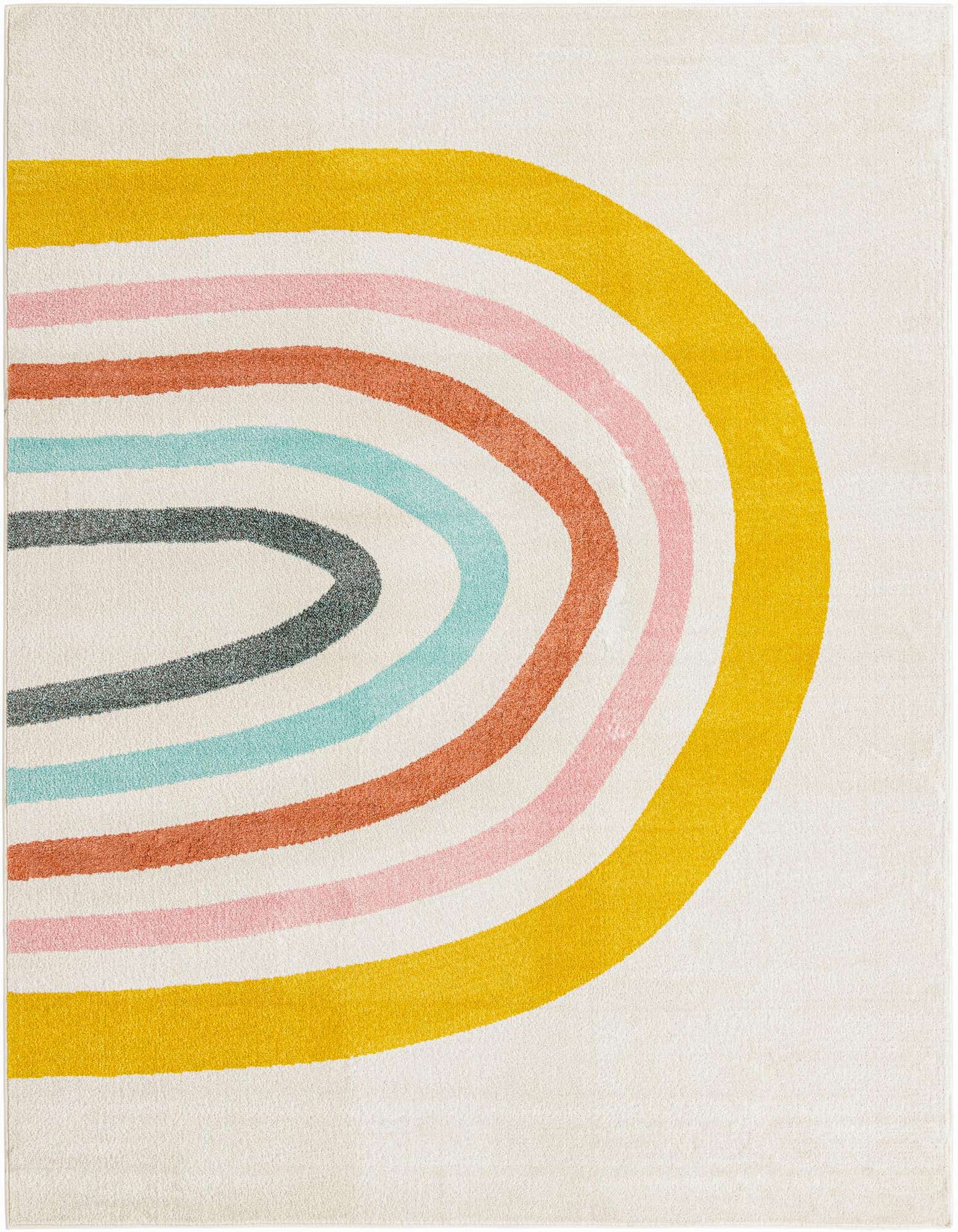 An 8x10 rectangular ivory rug with a large, curved rainbow design in yellow, pink, rust, light blue, and gray.