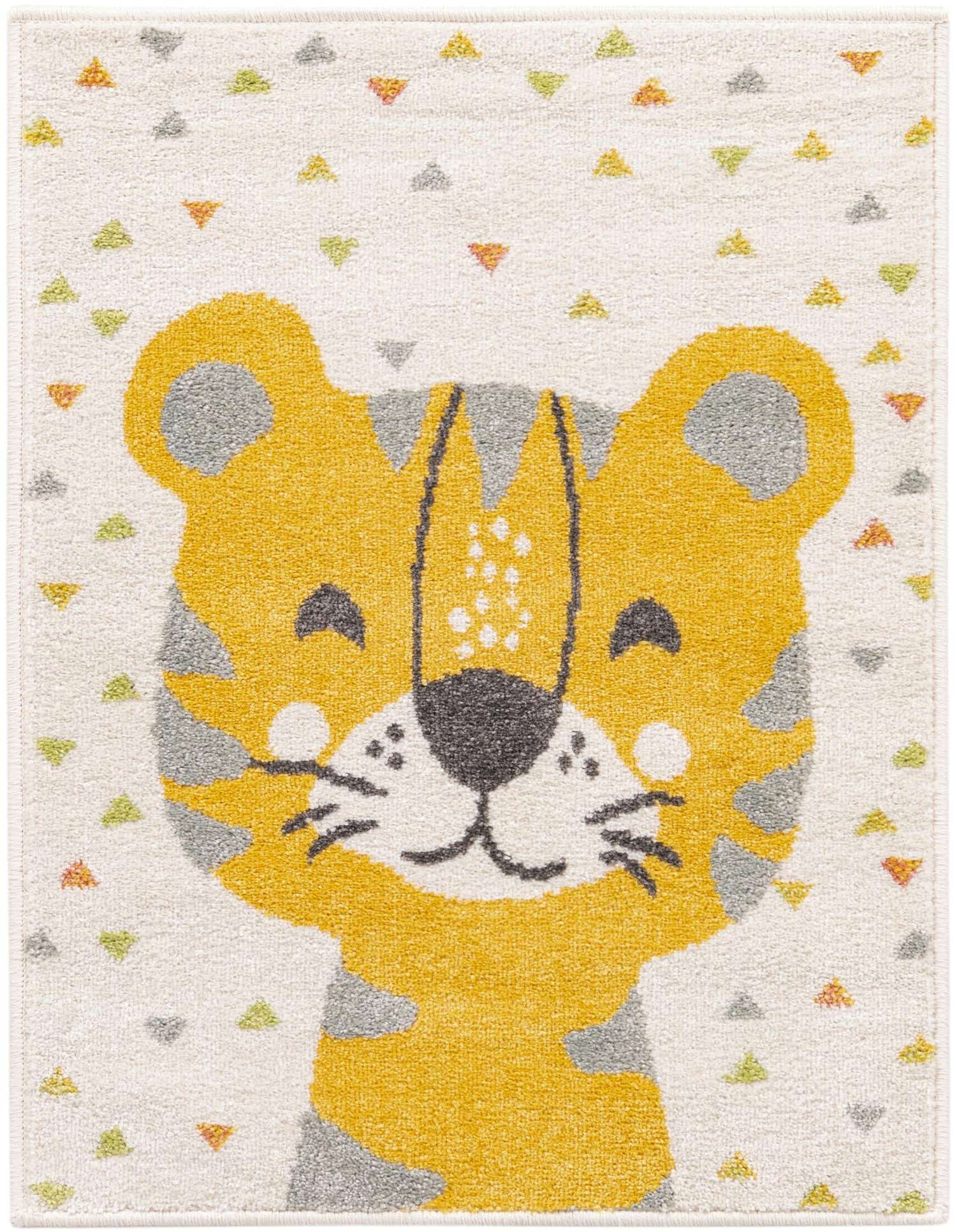 A 2x3 rectangular ivory rug featuring a large, friendly yellow tiger face with gray stripes and a black nose, surrounded by small colorful triangles.