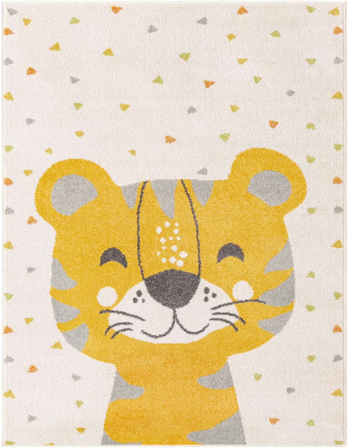 A 4x6 rectangular ivory rug featuring a large, friendly yellow and grey tiger face, with small colorful triangles scattered across the white background, ideal for a kid's room.